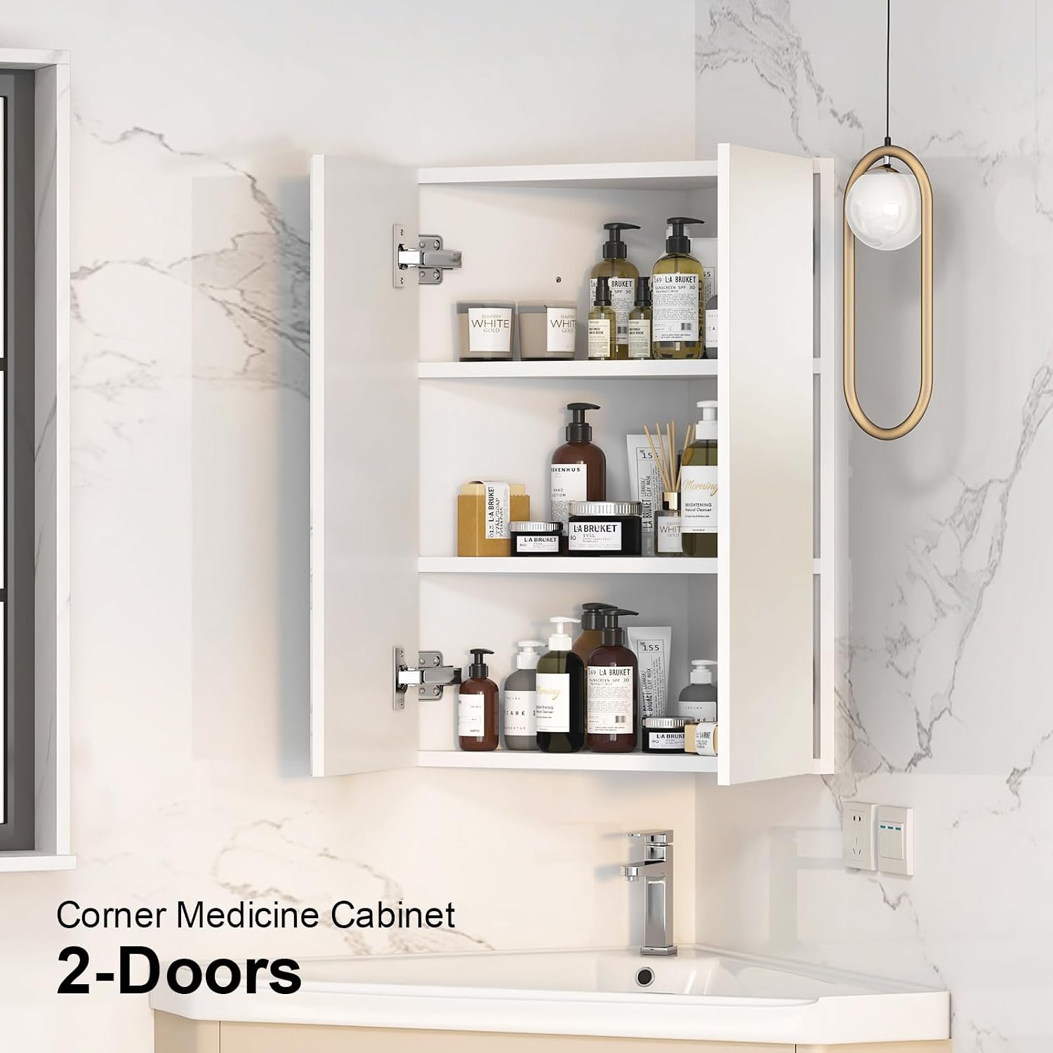Corner Medicine Cabinet with Mirror,Bathroom Corner Mirror Cabinet with 2 Doors,Medicine Cabinet Wall Mounted for Small Space,2 Fixed Shelves,White,24' x18'
