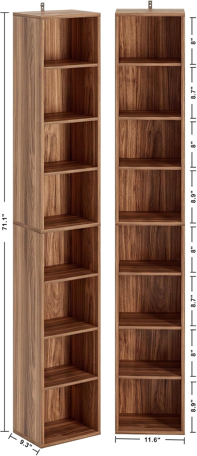 IRONCK Tall Narrow Bookshelf 8 Tiers 71in Set of 2, Compact Corner Bookcase, Easy to Match for Living Room, Office, Study, Bedroom