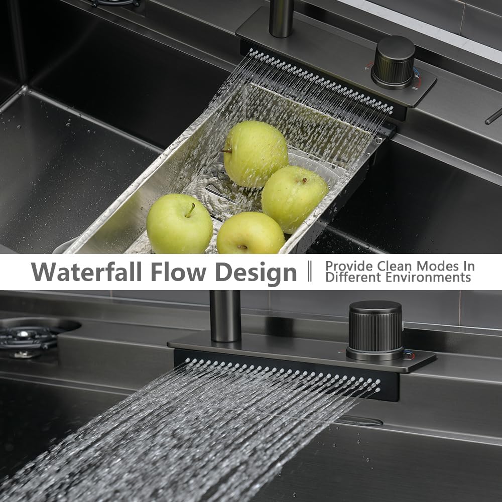 33 Black Drop In Waterfall Kitchen Sink Workstation-VASOYO 33x22 Black Stainless Steel Waterfall Kitchen Sink with Facuet and Cup Washer 16 Gauge Multifunctional Deep Single Bowl Topmount Smart Sinks