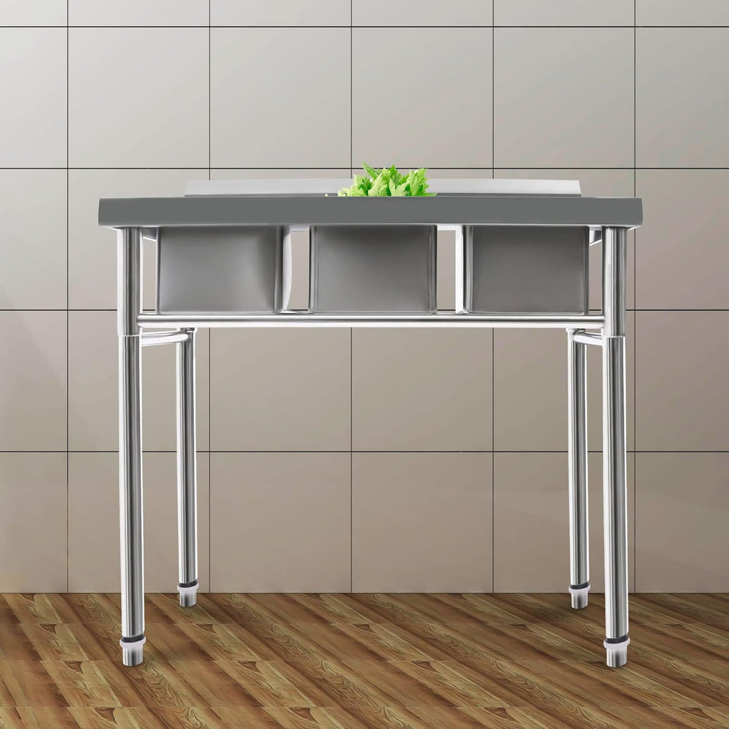Triple Bowl Kitchen Sink, Free Standing Stainless Steel Sinks with 2 Faucets Cold and Hot Water Pipe for Garages, Laundry rooms, Basements, Terraces, Bars, Kitchens, Bathrooms