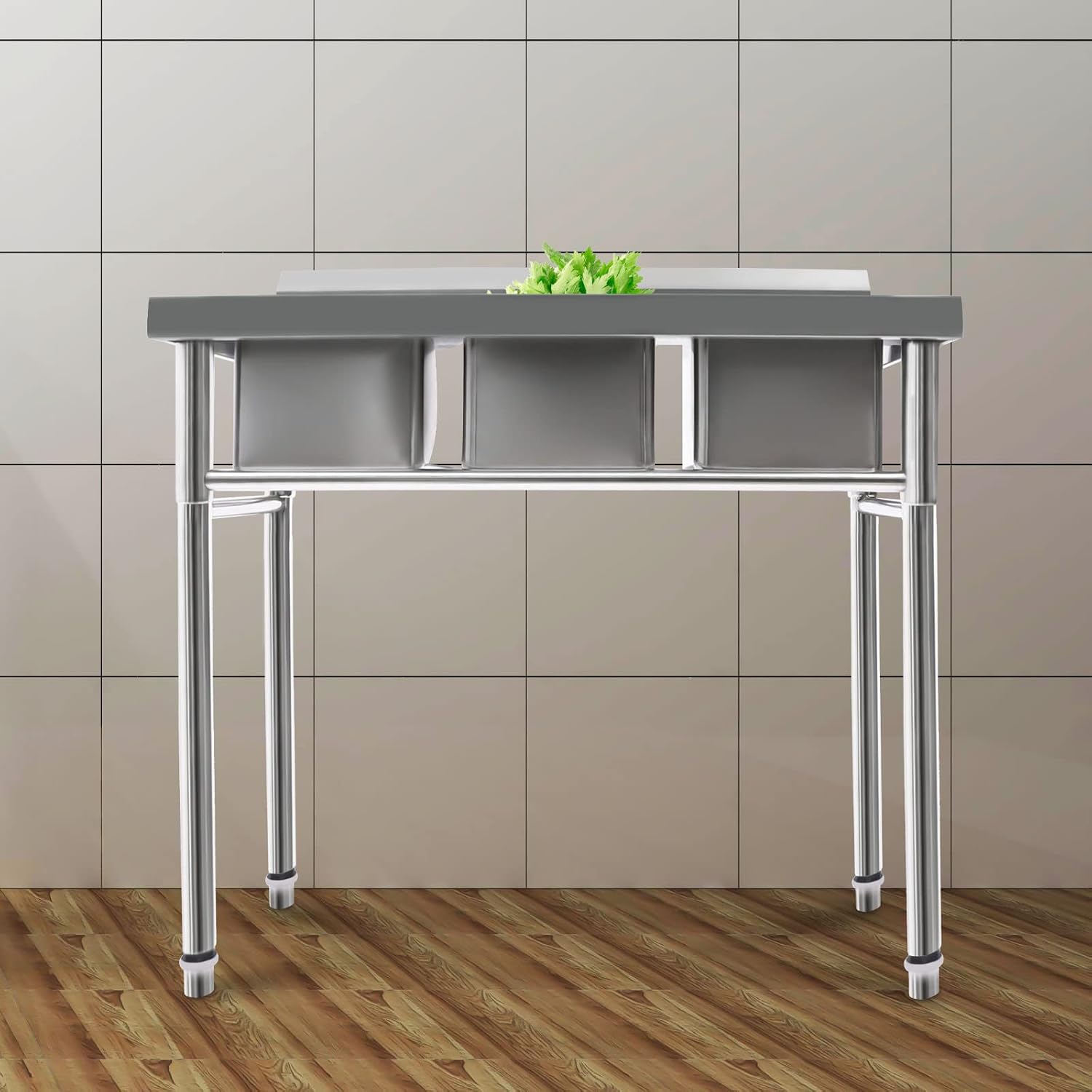 Triple Bowl Kitchen Sink, Free Standing Stainless Steel Sinks with 2 Faucets Cold and Hot Water Pipe for Garages, Laundry rooms, Basements, Terraces, Bars, Kitchens, Bathrooms