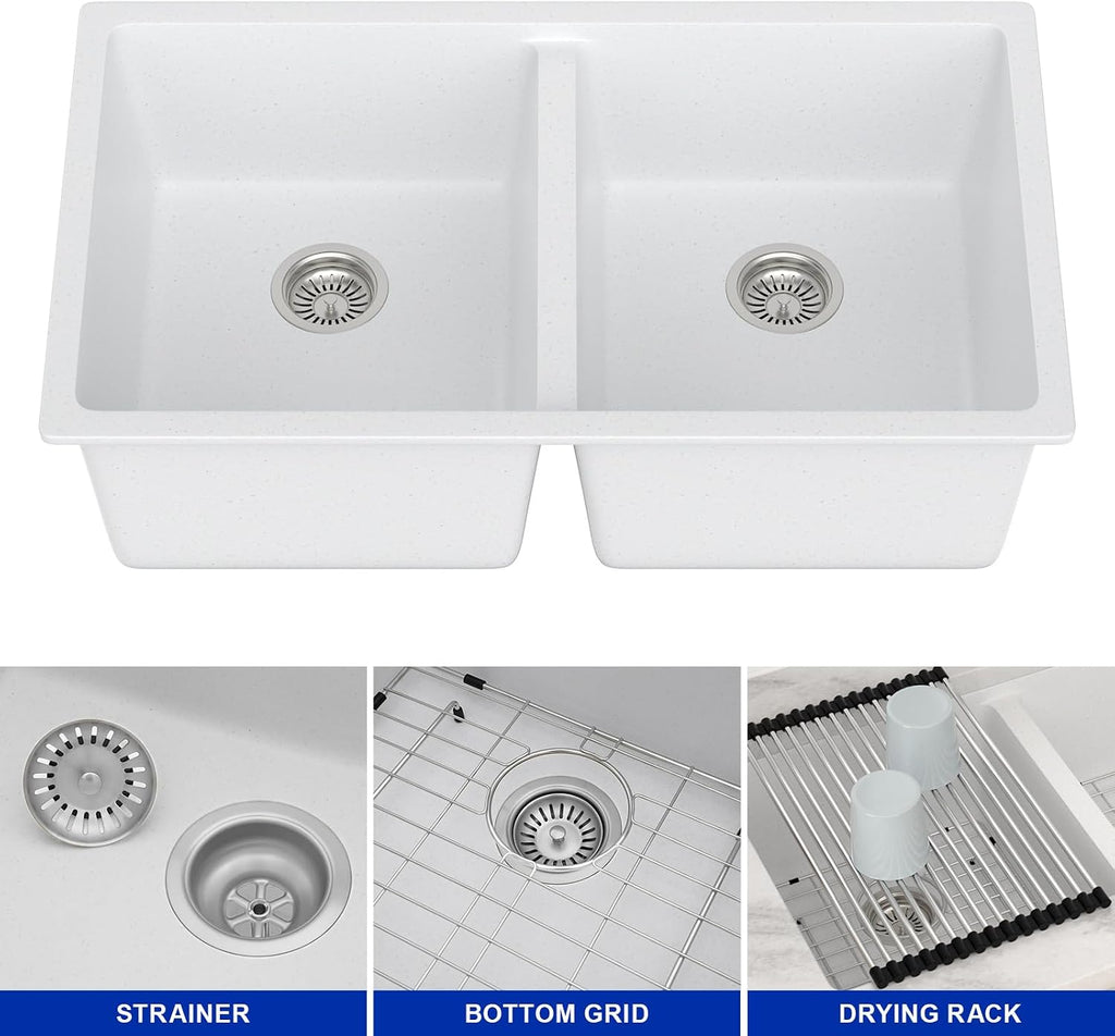 Dcolora 33 Inch Double Bowl Undermount Kitchen Sink White Deep Double Basin Prep Sink 50/50 Split Granite Composite 33'×19'×10',#DC-GU001W