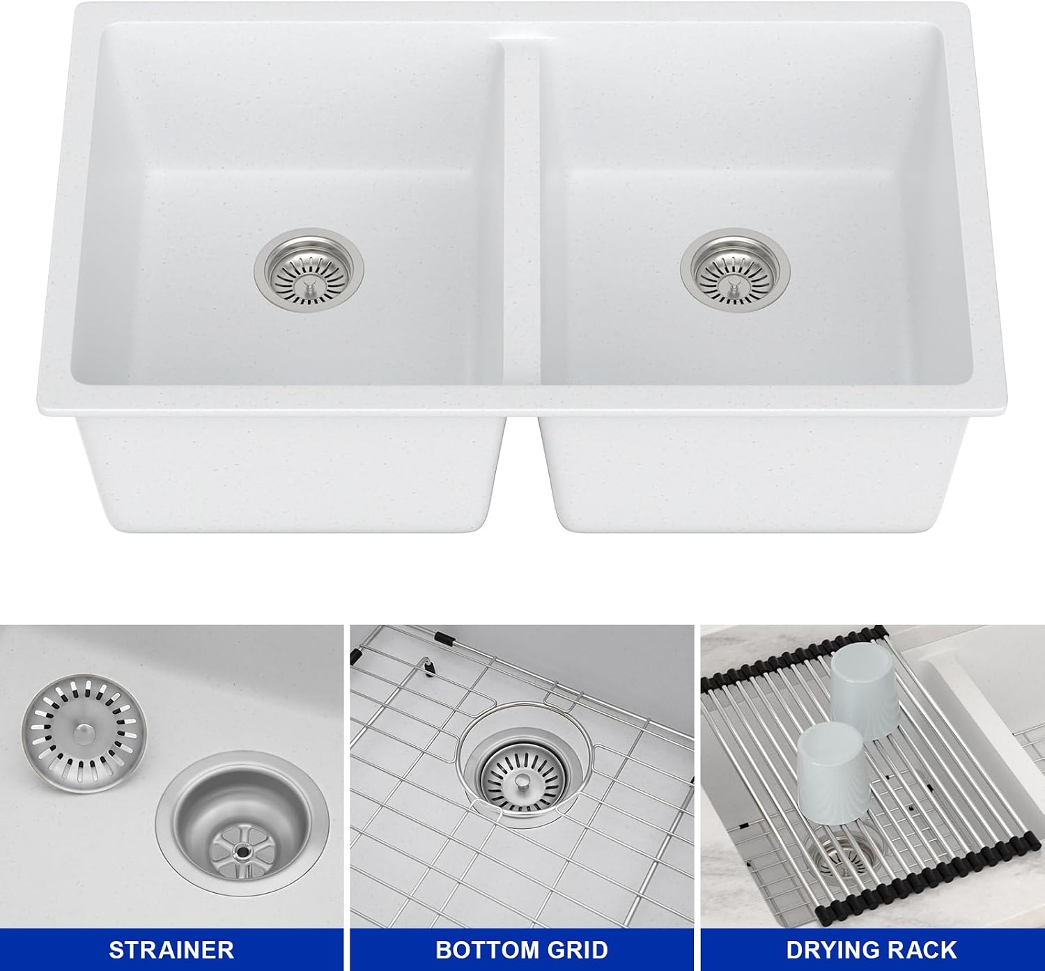 Dcolora 33 Inch Double Bowl Undermount Kitchen Sink White Deep Double Basin Prep Sink 50/50 Split Granite Composite 33'×19'×10',#DC-GU001W