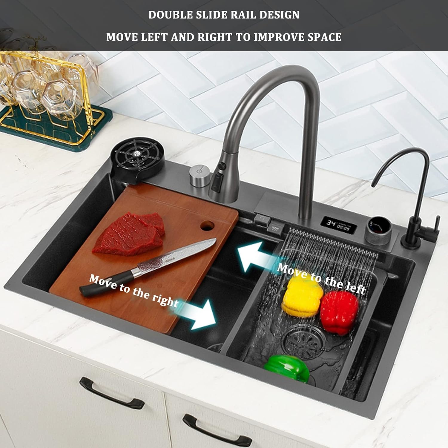 304 Stainless Steel Digital Display Kitchen Sink Single Bowl Bar Prep Sink RV Sink with Faucet & Drain Assembly Drop in Or Under Mount (Color : Grey, Size : 75x46x22cm) (Gun Grey 68x46x22cm)