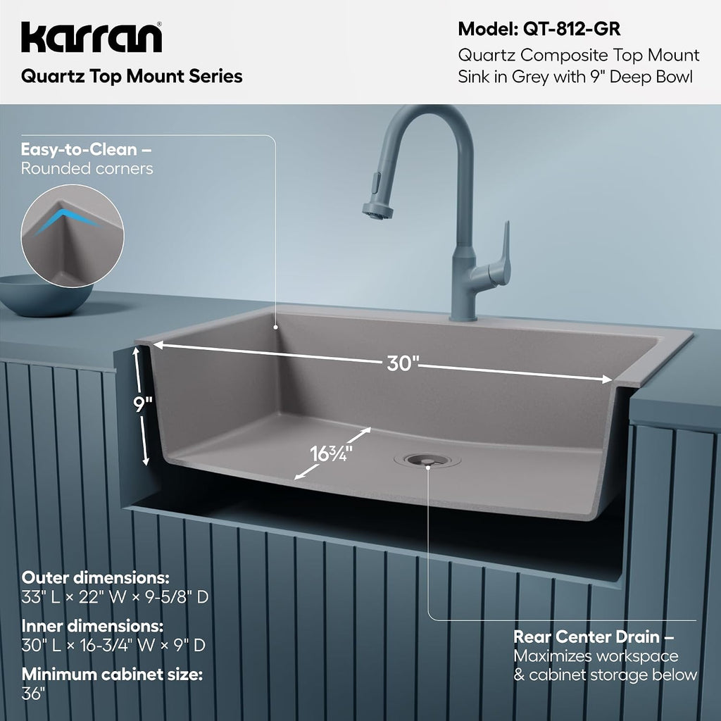 Karran 33' Drop-In Top Mount Quartz Composite Single Bowl Kitchen Sink in Grey – Extra Deep 9' Basin, Heat Resistant, Sound Dampening, Easy Clean Surface