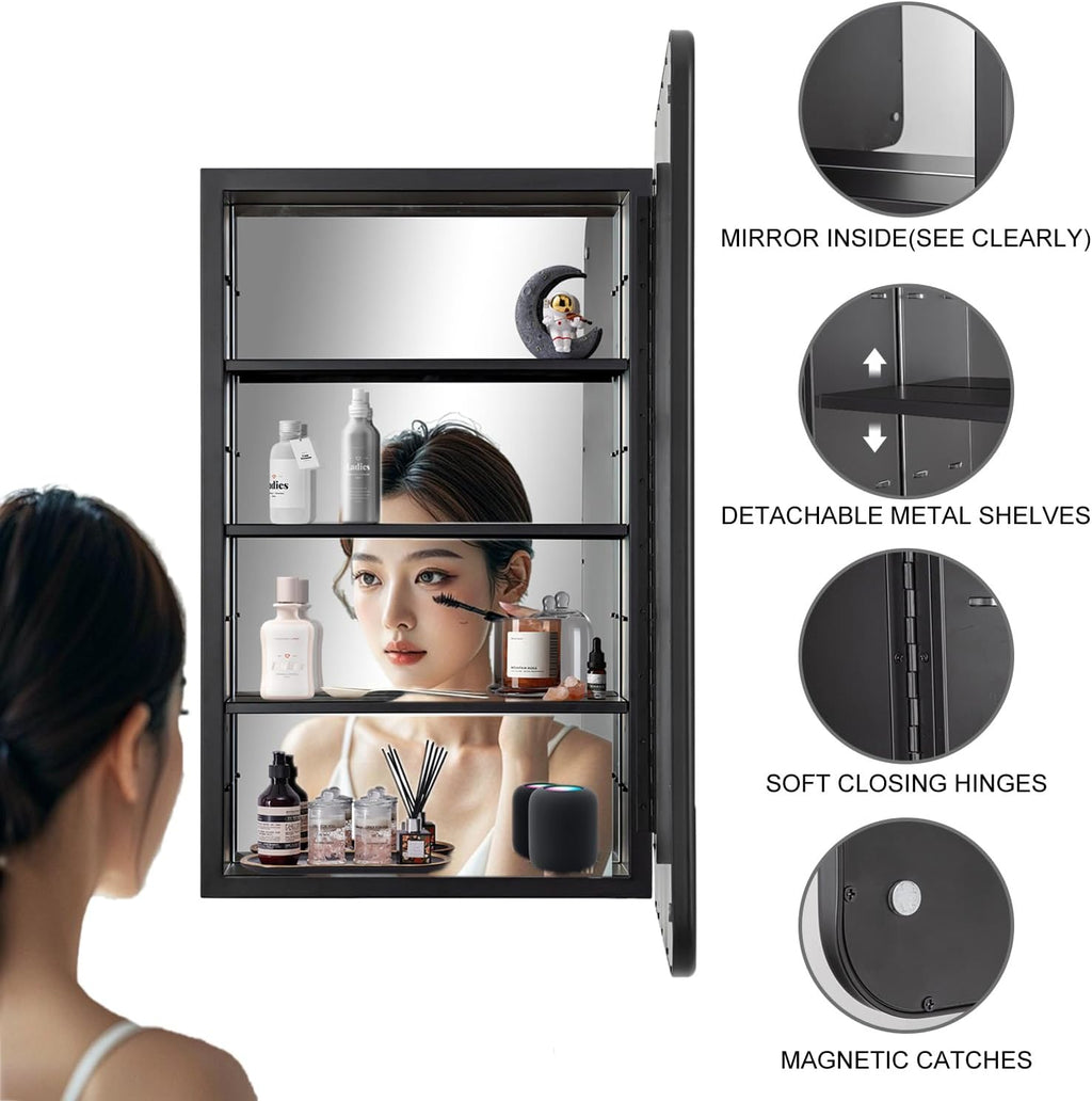 Black Bathroom Medicine Cabinet with Mirror 16 x 24 Metal Frame Recessed Or Wall Mounted Single Door Storage Medicine Cabinets with Adjustable Shelves Rounded Corner Beveled Mirrors