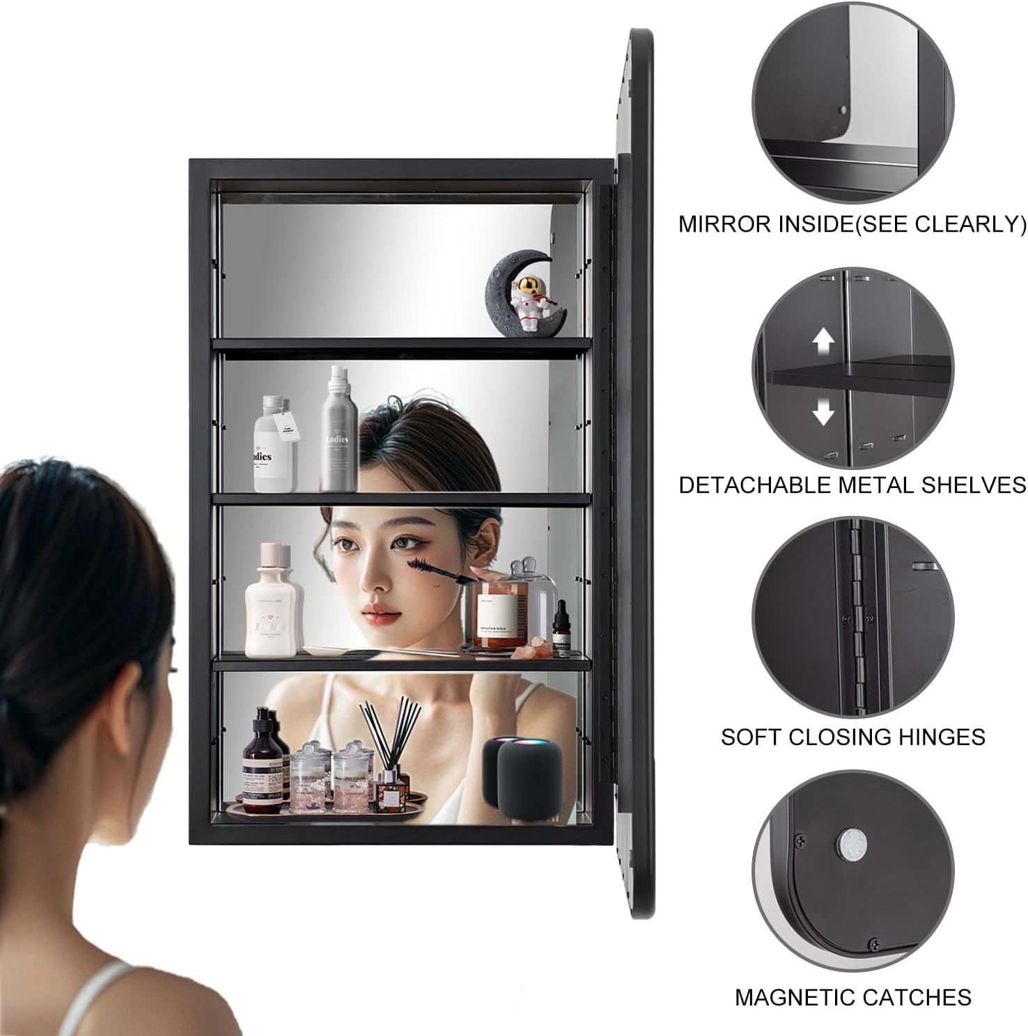 Black Bathroom Medicine Cabinet with Mirror 17 x 27 Metal Frame Recessed Or Wall Mounted Single Door Storage Medicine Cabinets with Adjustable Shelves Rounded Corner Beveled Mirrors