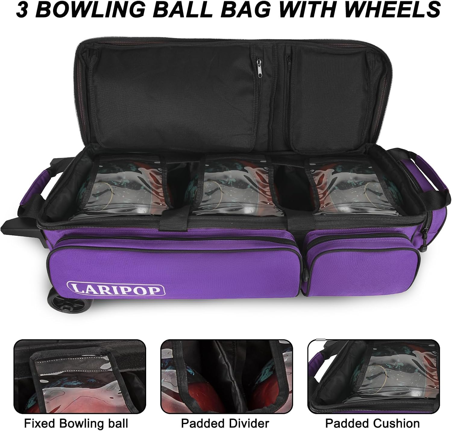 LARIPOP 3 Ball Bowling Bag with Wheels and Shoe Compartment, Rolling Bowling Bag for 3 Balls, Heavy Duty Bowling Roller Bag with Retractable Handle for Men Women
