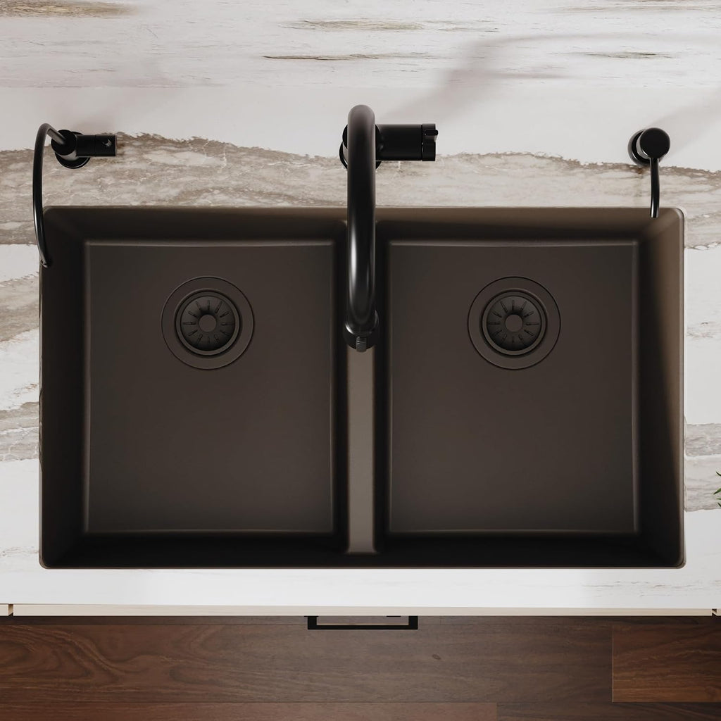 Karran 32' Brown Quartz Composite Undermount Double Bowl Kitchen Sink with Low Divider – 50/50 Equal Bowl, 80% Natural Quartz, 535°F Heat Resistant, Sound Dampening, QU-810