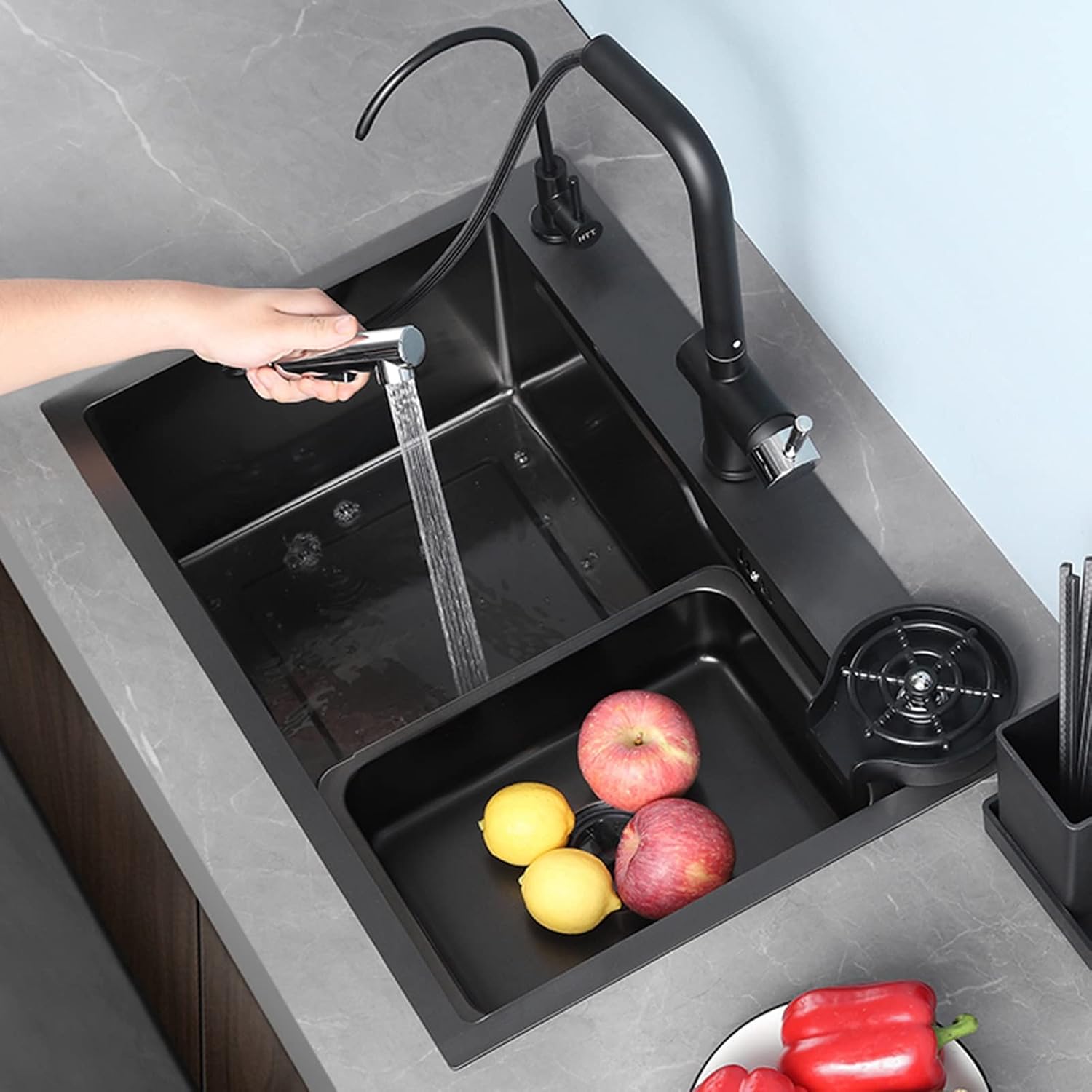 Single Bowl Kitchen Sink 304 Stainless Steel Bar Sink RV Sink with Faucet and Cup Washer Top Mount Or Undermount (Color : Black, Size : 72x46x23cm) (Black 68x46x23cm)