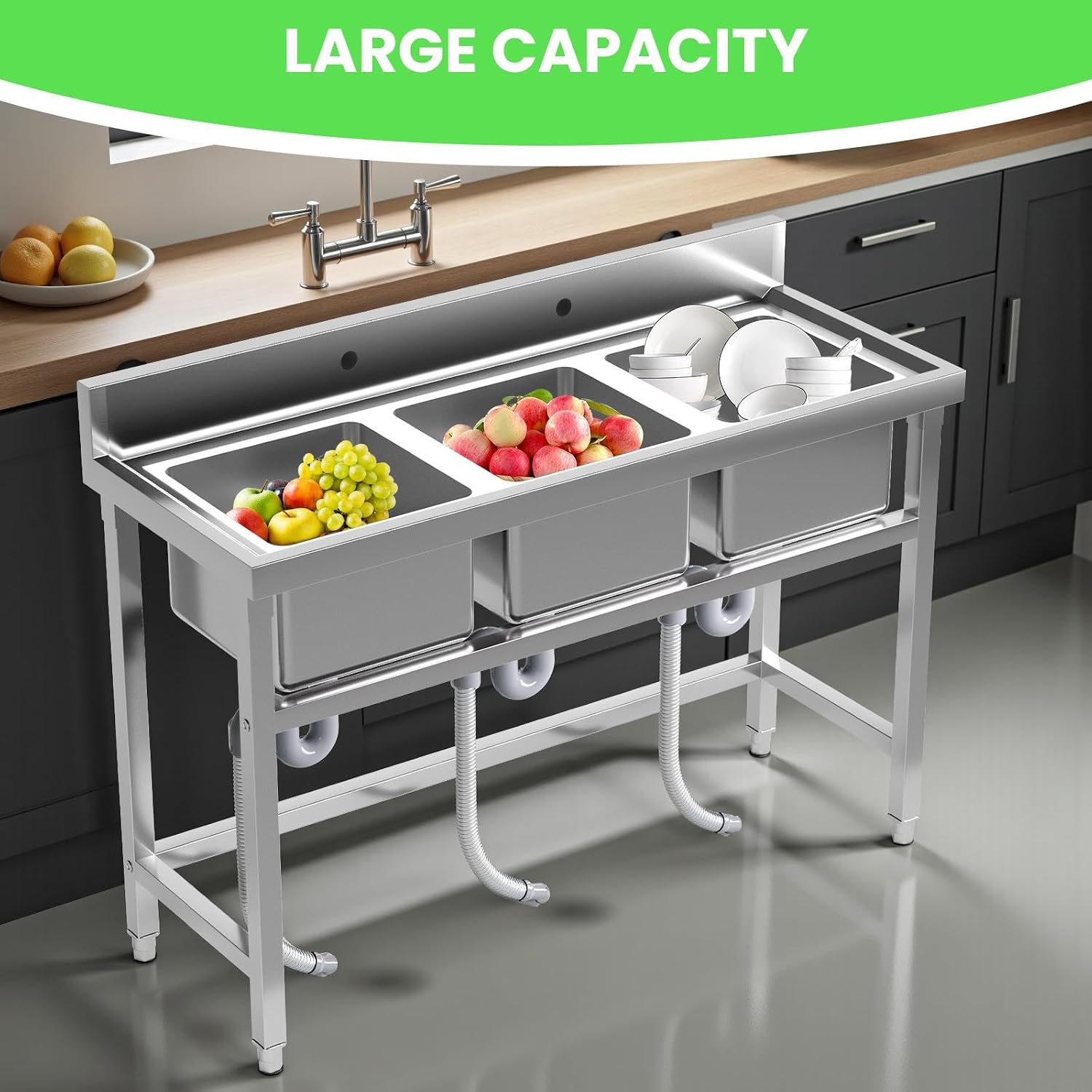 3 Compartment Sink Commercial, Stainless Steel Utility Sink for Restaurant Bar Kitchen, Extra Large Triple Bowl Commercial Sink for Food Prep and Cleaning (3 Compartment)