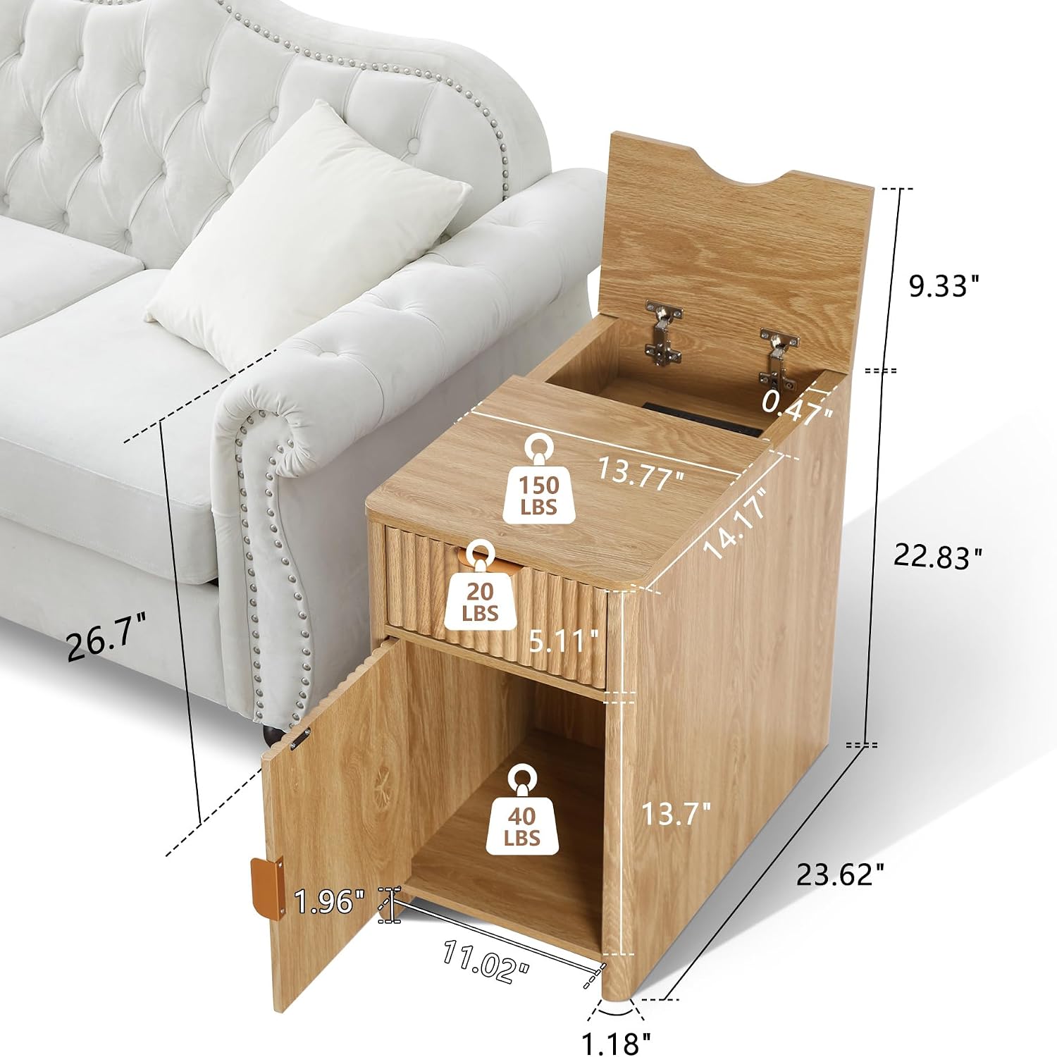 Fluted Narrow End Table with Charging Station, Boho Side Table with Drawer Storage, Small Night Stand with Power Outlets and USB Ports, Sofa Side Table for Living Room, Natural