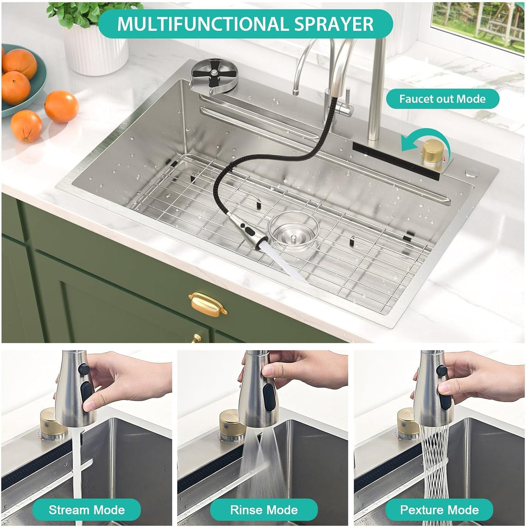 33x22 Drop In Stainless Steel Kitchen Sink with Faucet, Single Bowl Topmount Sink 16 Gauge, Waterfall Feature & Cup Washer, Workstation Accessories for Residential Kitchen #TLWF-0002