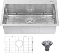 Drop In Kitchen Sink 33x22', 9' Basin Depth, 18 Gauge Stainless Steel Sink, 3D Embossed Surface Finish Top Mount with Accessories