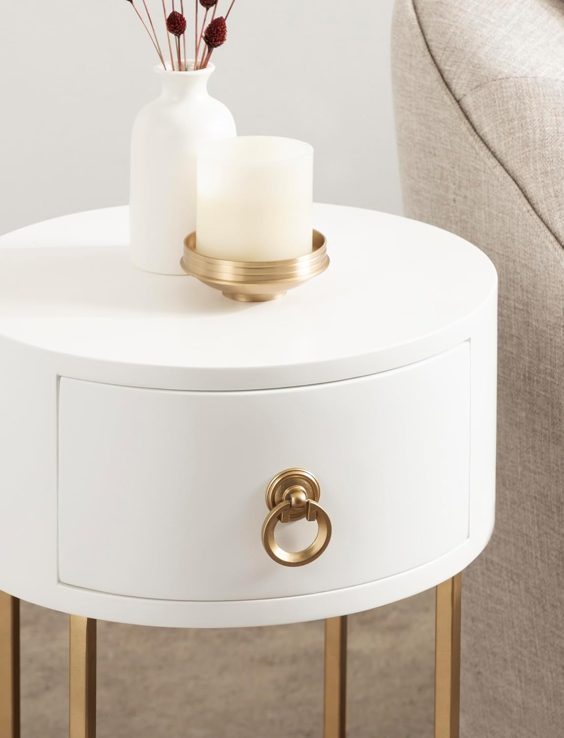 Kate and Laurel Decklyn Decorative Glam Round Side Table; 14 x 14 x 24; White and Gold; Modern Circle Living Room Table with Pull Drawer for Useful Storage