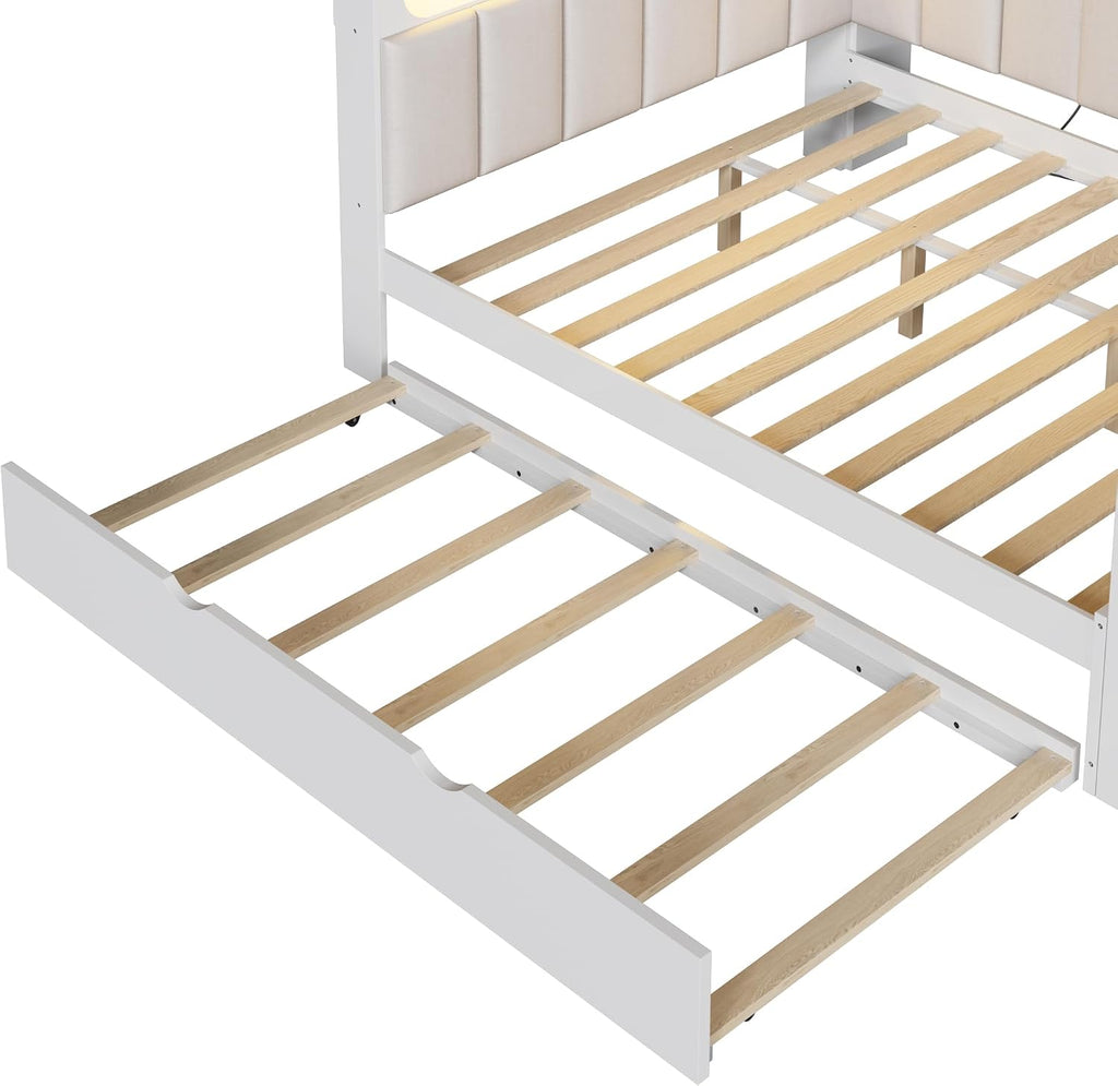 Merax Full Size Daybed with Storage Shelves and Trundle, Wooden Corner Bed with Charging Station, LED Light, Desk, Upholstered Headboard and Backrest, No Spring Box Need