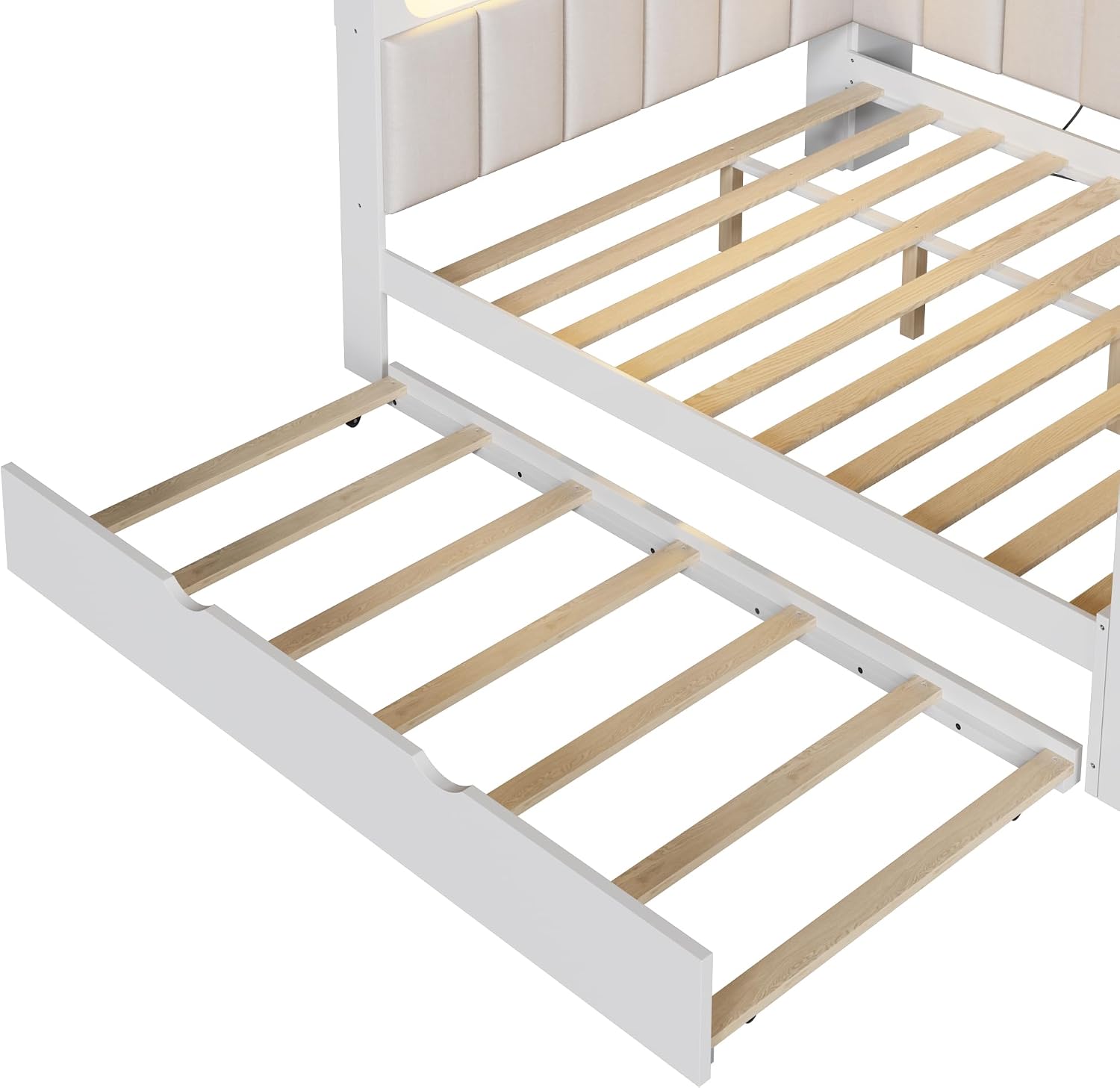 Merax Full Size Daybed with Storage Shelves and Trundle, Wooden Corner Bed with Charging Station, LED Light, Desk, Upholstered Headboard and Backrest, No Spring Box Need