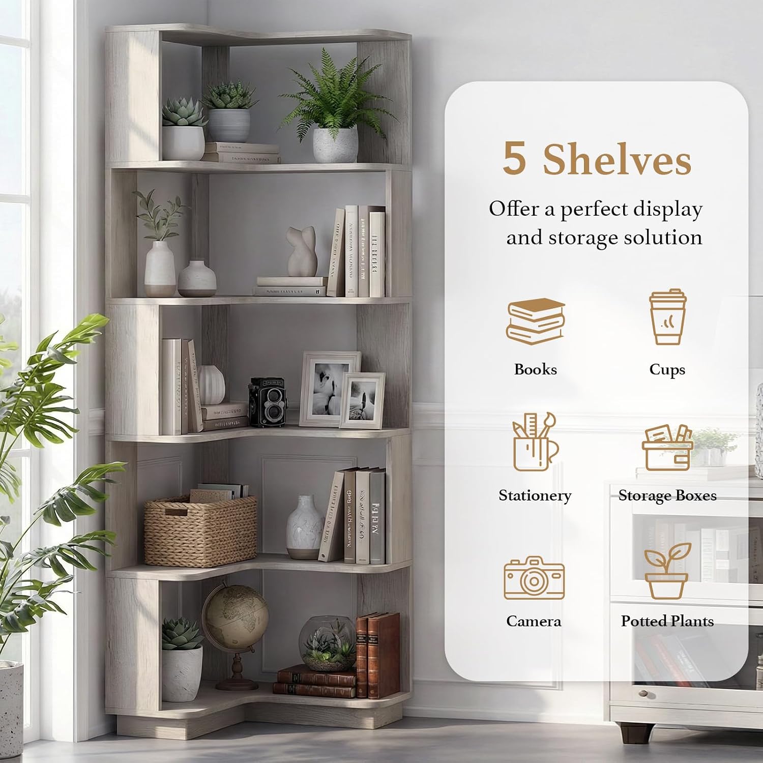 5 Tier Corner Bookshelf, Freestanding L-Shaped Wooden Bookcase with Open Shelves, Anti-Fall Panels and Anti-Tipping Device for Living Room, Bedroom, Home Office (Light Gray)