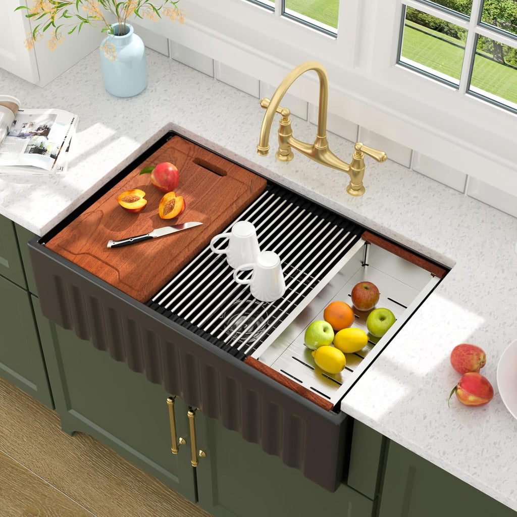 Lordear 33 Black Farmhouse Sink Workstation Porcelain Farm Kitchen Sinks Matte Black Single Bowl Basin 33x20x10 Inch Large Bowl Sink
