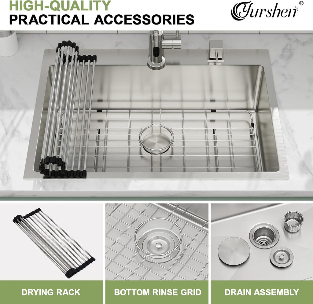 30 Inch Drop In Kitchen Sink, 30'x22'x9' Topmount Stainless Steel Kitchen Sinks With 16 Gauge 304 Single Bowl Sink R10 Round Corner Basin