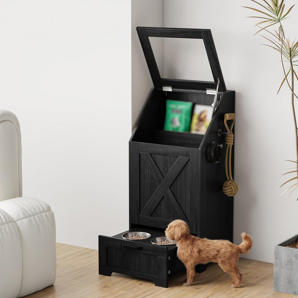 Dog Feeding Station with Storage Cabinet and 2 Elevated Dog Bowls, Hidden Pet Food Storage Organizer for Dog &Cat,Modern Dogs Furniture (Black)