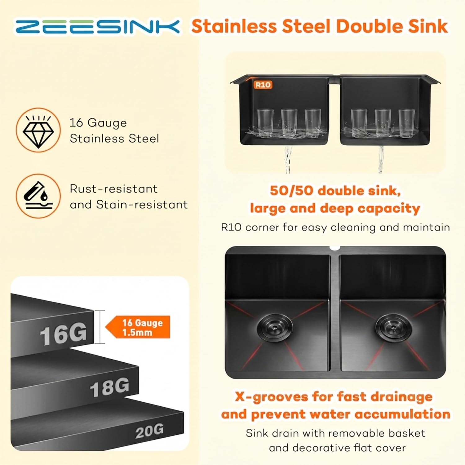 Black Kitchen Sink,33 X 22 inch Drop in Kitchen Sinks Double Bowl,16 Gauge Stainless Steel 50/50 Double Sink,Top Mount/Drop In Double Kitchen Sink 33 inch
