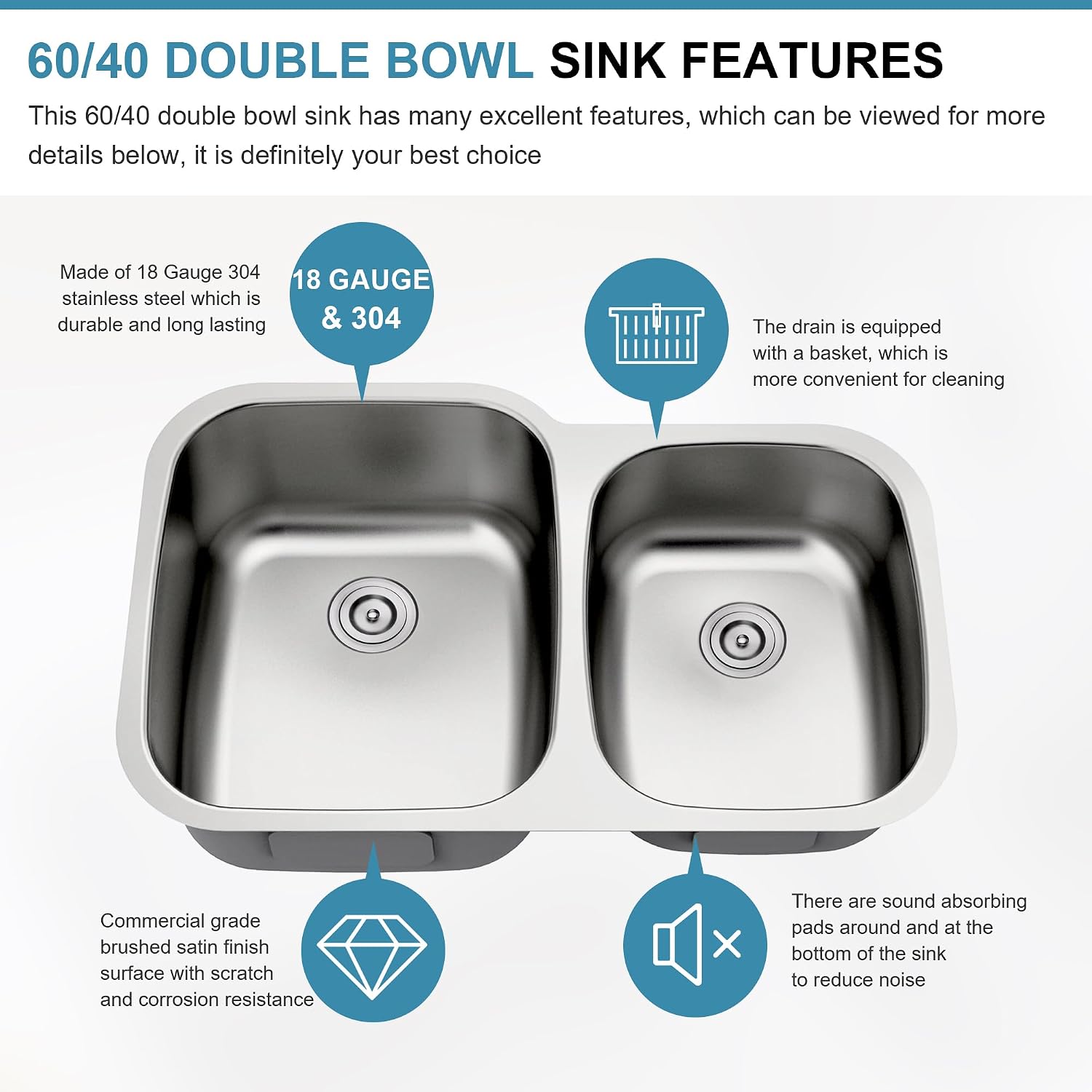 32 Inch Undermount 60/40 Double Bowl Kitchen Sink, 18 Gauge 304 Stainless Steel Commercial Grade Satin Finish Kitchen Sinks with Strainer, 32' x 20' x 9'