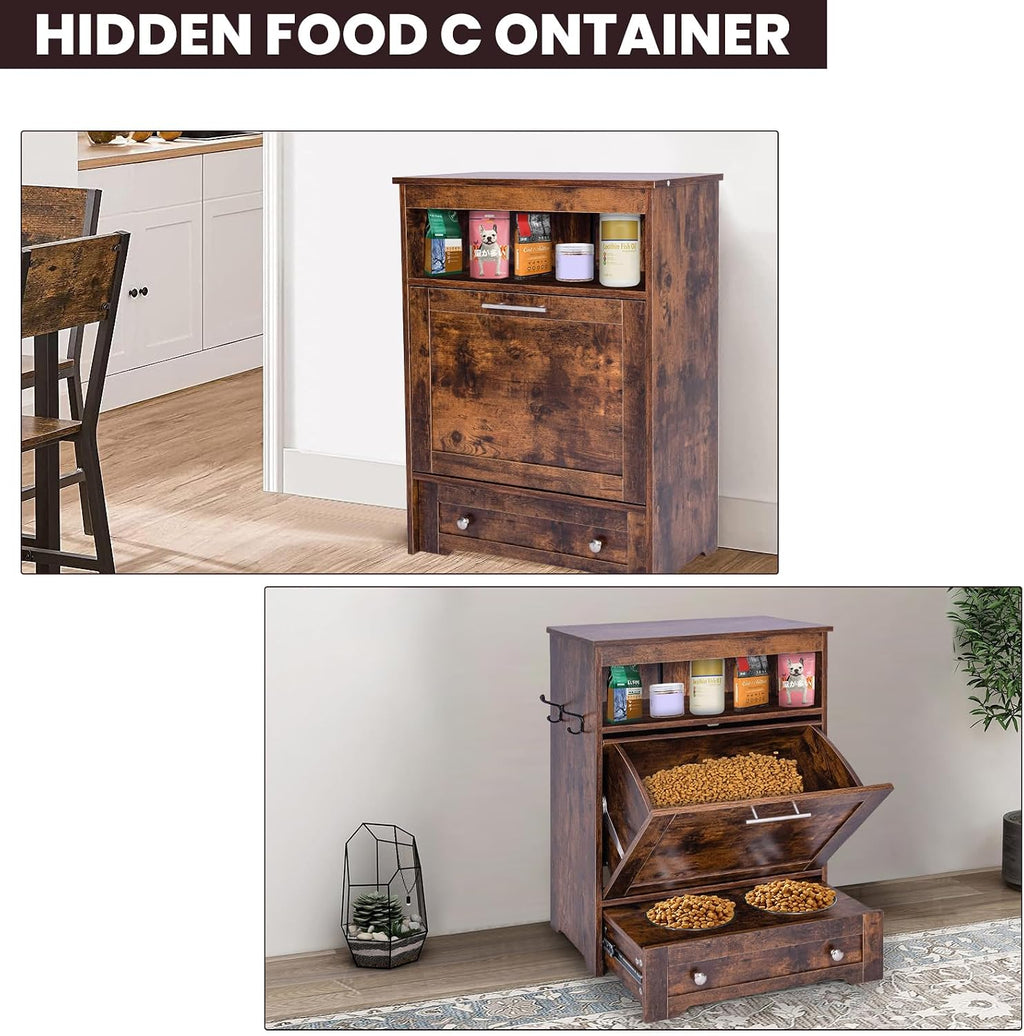 Dog Feeding Station with Storage,Pet Feeding Station Food Storage Cabinet with 2 Elevated Dog Bowls for Water and Feeding Supplies,Dog & Cat Storage Organizer with Drawer,Brown