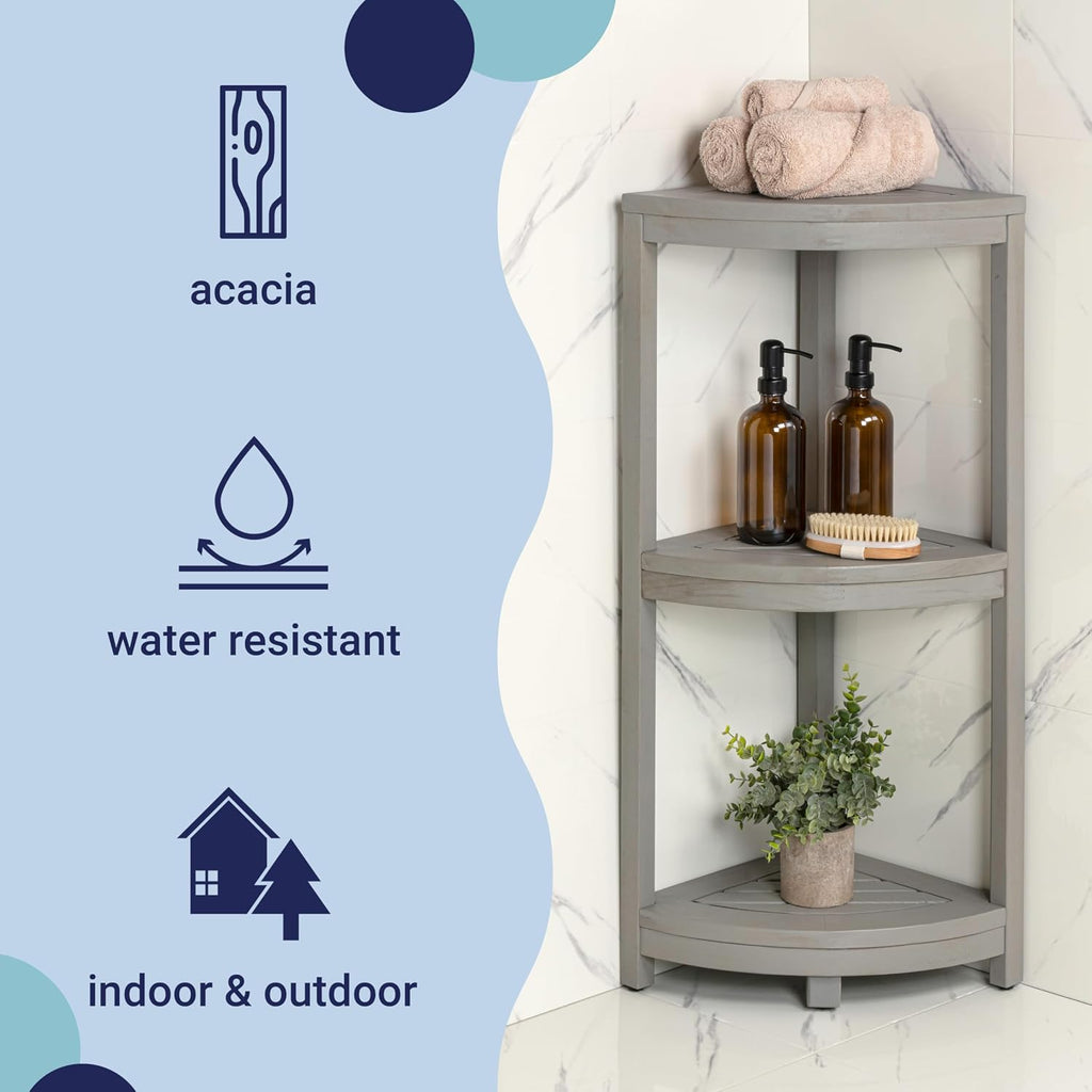 happimess SHF1000G Sela 33' Classic Minimalist 3-Tier Acacia Wood Freestanding Bathroom Corner Shelf, Shower Organizer, Storage Rack for Bath, Office, Kitchen Desktop, Gray