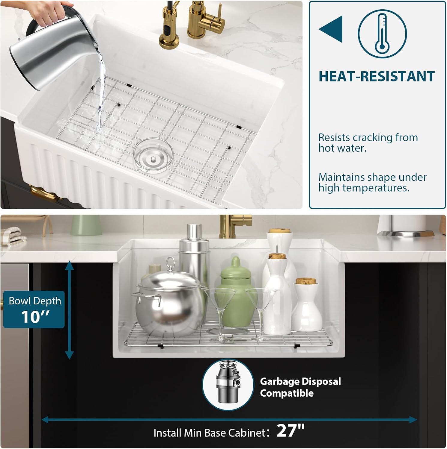 24 Inch White Farmhouse Sink - GhomeG 24 Inch White Fireclay Apron Front Kitchen Sink Single 10 Inch Deep Ceramic Farm Farmer Style Basin 24x18x10