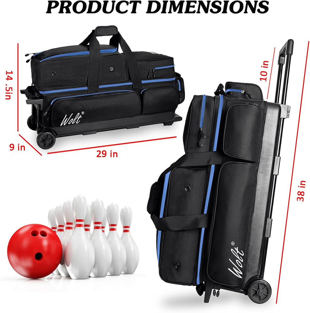 WOLT 3 Ball Bowling Bags with Wheels,Bowling Ball Bag 3 Ball Roller with Separate Shoe Compartment and Accessory Pocket, Retractable Handle Extends to 38''