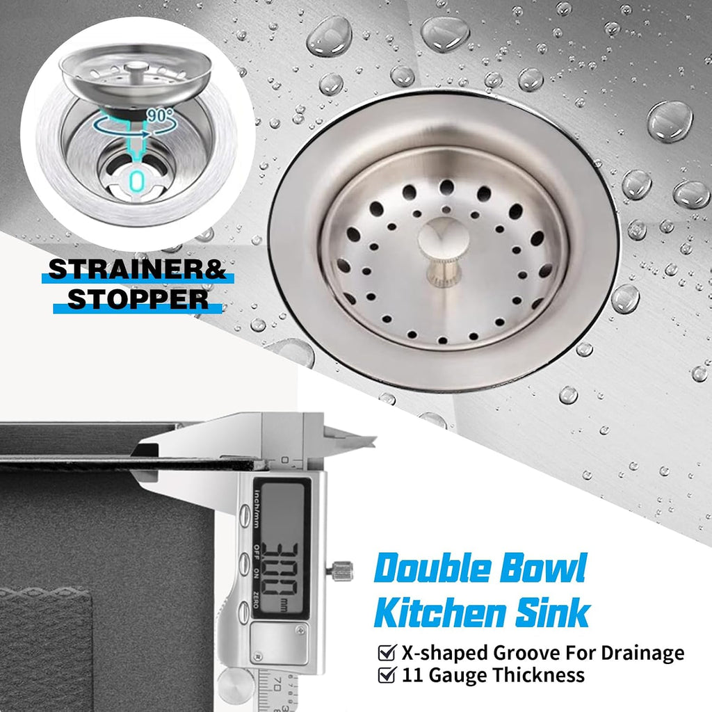 Kitchen Sink, 50/50 Double Bowl 33x19x8 Inch Undermount Stainless Steel Drop In Large Kitchen Sink Combo-Stainless Grid, Silicon Mat, Installation Clips For Modern SS Stylish Kitchen&Bar