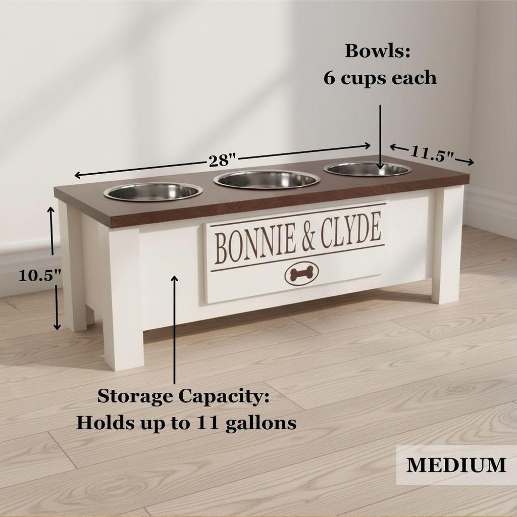 GTW Elevated 3 Bowl Dog Feeding Station - Customized Triple Stand for Medium Size Dog Breeds - Includes Storage & Stainless Steel Bowls (Medium, Brown)