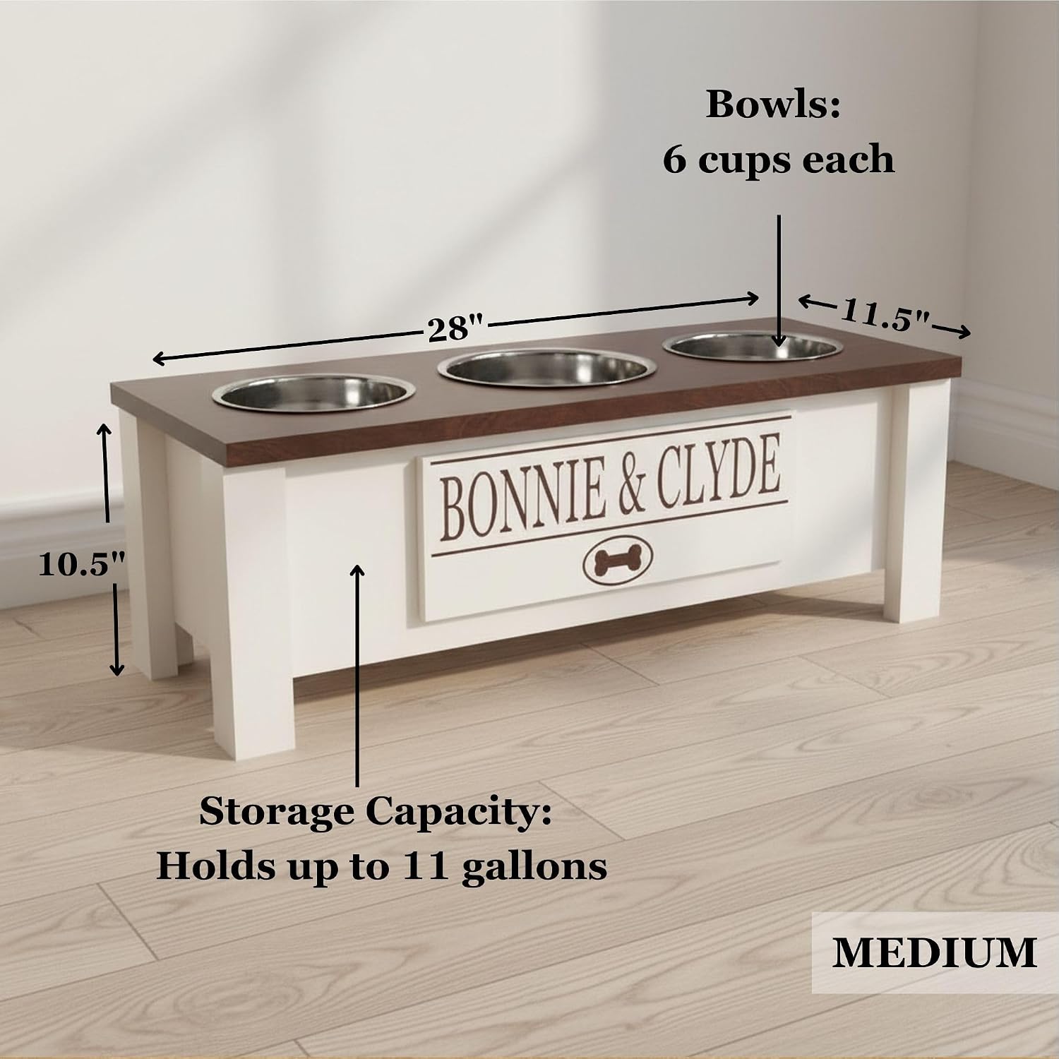 GTW Elevated 3 Bowl Dog Feeding Station - Customized Triple Stand for Medium Size Dog Breeds - Includes Storage & Stainless Steel Bowls (Medium, Brown)