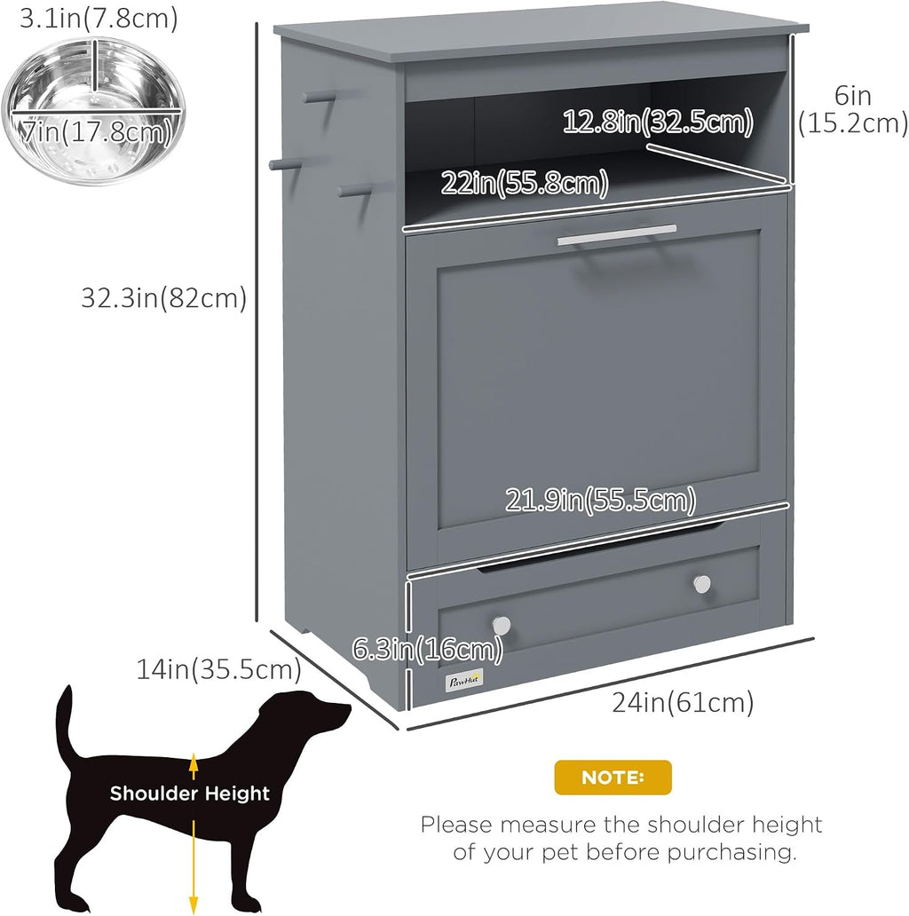 PawHut Dog Feeding Station with Raised Bowls, Dog Food Storage Cabinet with Hanger for Feeding & Watering Supplies, Pet Feeder Station, Gray