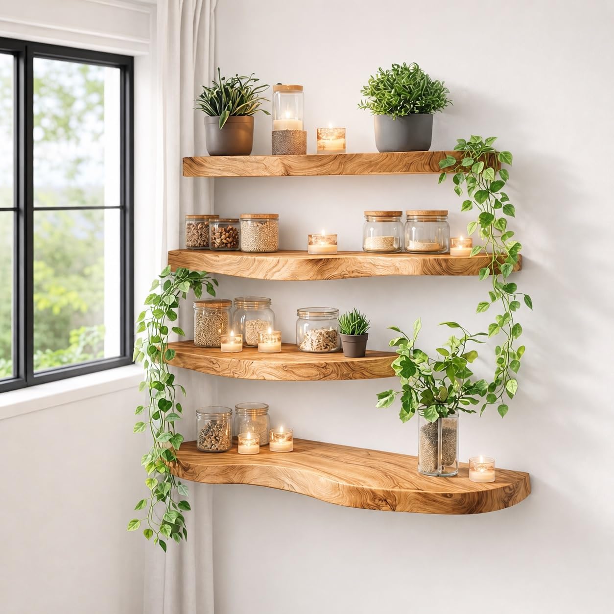 Live Edge Corner Wall Shelf, Solid Wood, Natural Grain, Floating Mount (24' W X 8' D X 1.5' (Inches))