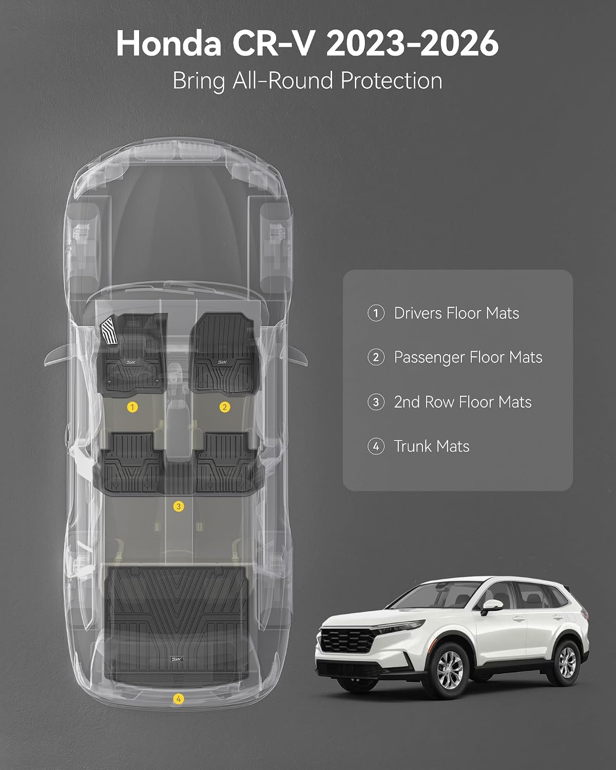 3W Floor Mats & Cargo Liner Fit for Honda CR-V 2023 2024 2025 2026 (Include Hybrid), All Weather TPE Custom Fit CRV Floor Liner 1st, 2nd Row and Trunk (Upper Positon) Full Set Car Mats Black