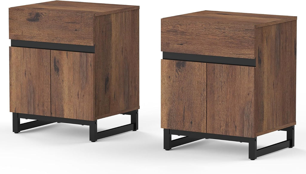 WAMPAT 2 Piece Modern End Table with 1 Drawer & 1 Storage Cabinet, Farmhouse Sofa Table, Wooden Rustic Side Sofa Table with Metal Leg for Living Room, Nighstand for Bedroom, Brown
