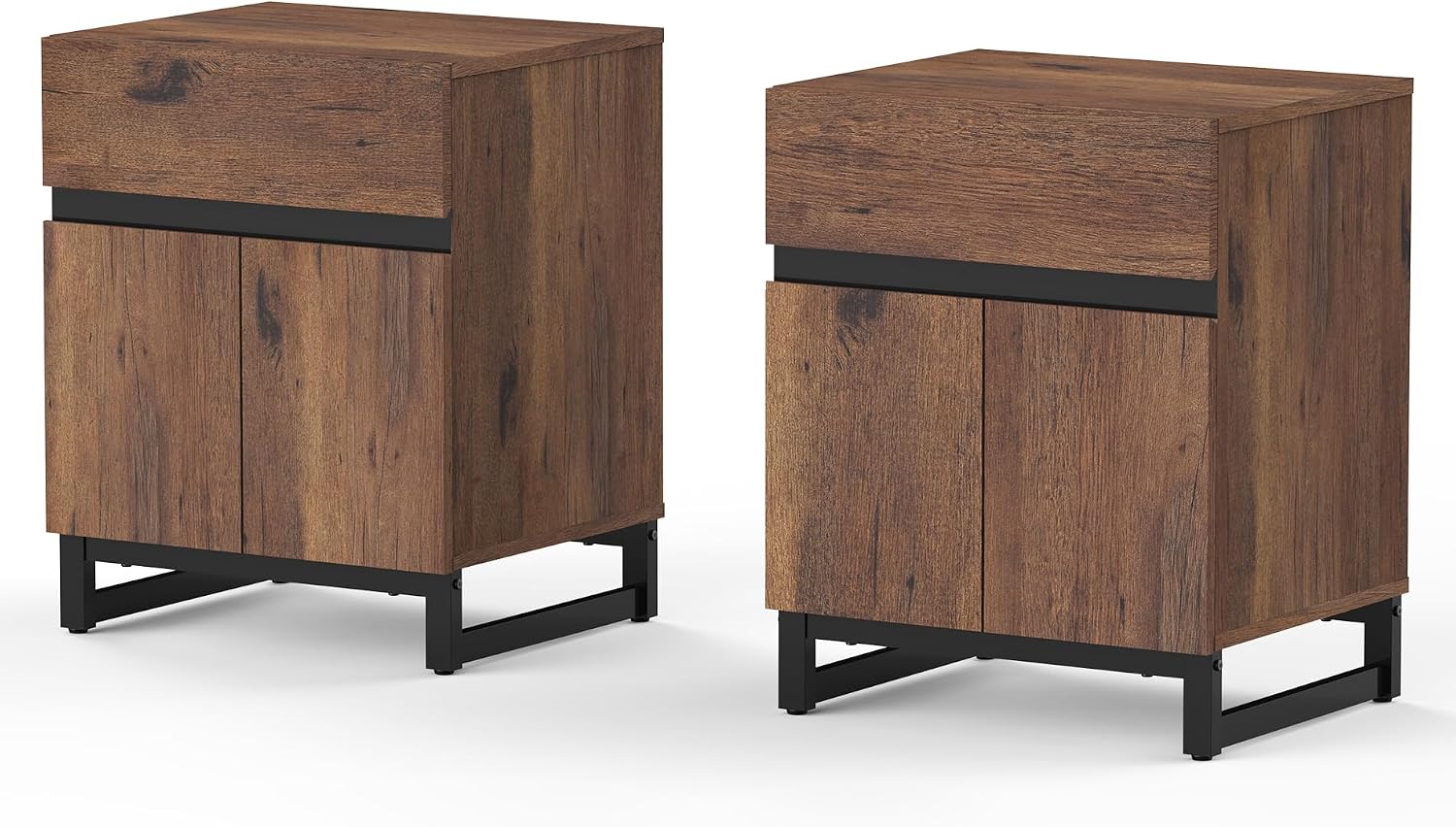 WAMPAT 2 Piece Modern End Table with 1 Drawer & 1 Storage Cabinet, Farmhouse Sofa Table, Wooden Rustic Side Sofa Table with Metal Leg for Living Room, Nighstand for Bedroom, Brown