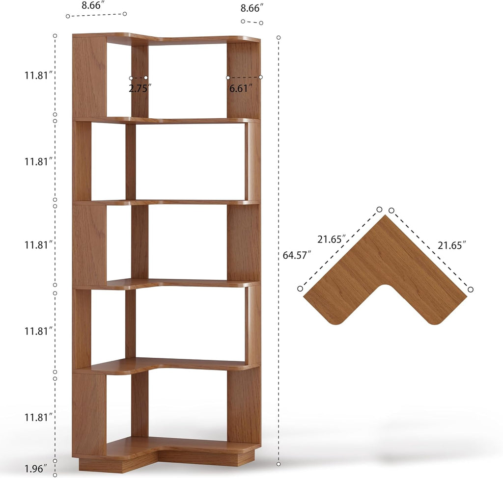 GDFStudio 64.6' Tall L-Shaped Corner Bookshelf, 6-Tier Freestanding Corner Shelf Bookcase with Anti-Drop Panels, Wooden Open Back Display Shelves Organizer for Living Room Bedroom Office, Dark Oak