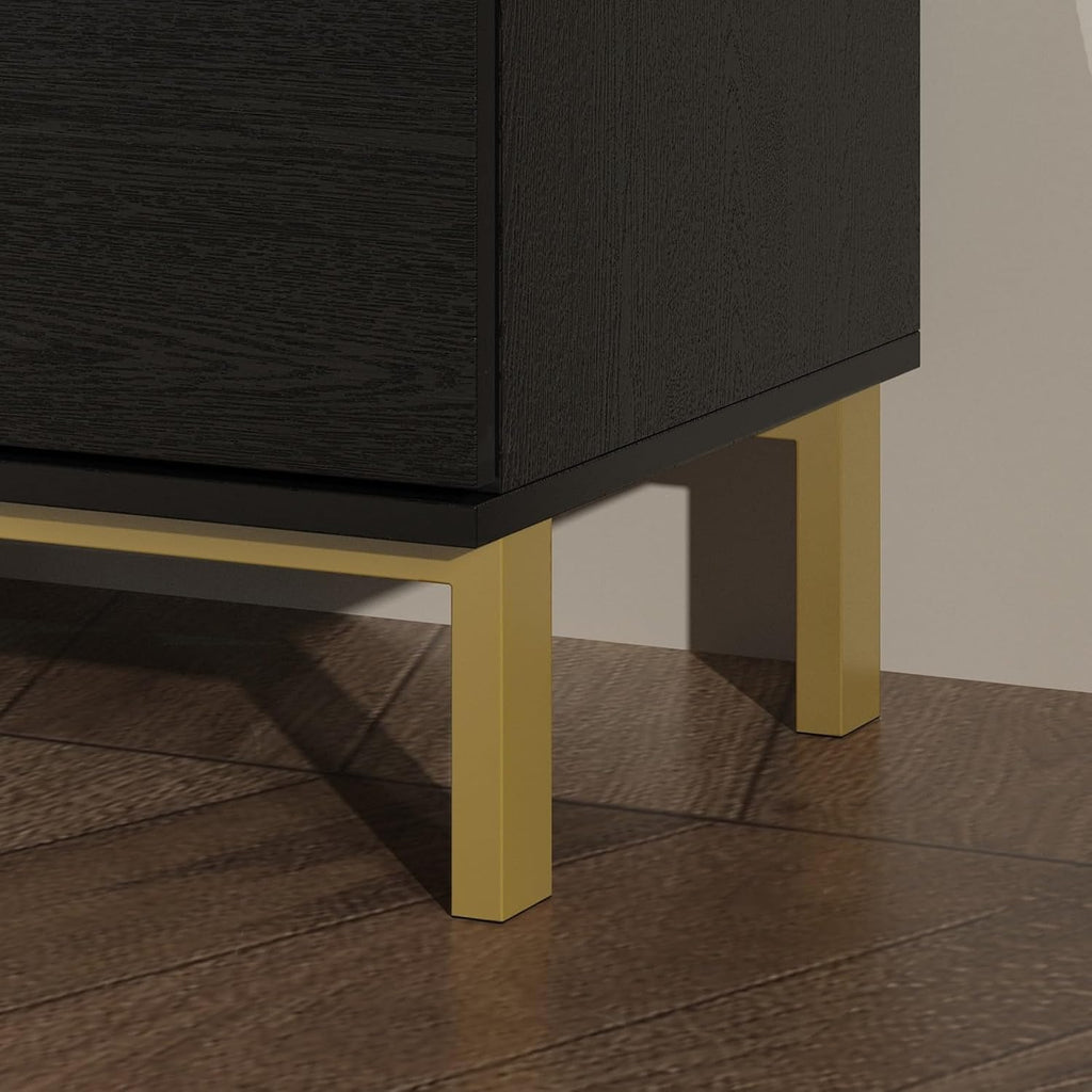Large Black Nightstand Modern End Table with 3 Drawers, Gold Metal Handles & Legs, Bed Side Table for Living Room, Black and Gold, 31.5'W x 15.7'D x 29.5'H