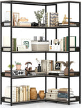 Tangkula Large Corner Bookshelf, 90 Degrees 5-Tier Industrial Wood Open Corner Bookcase for Small Spaces, Heavy-Duty Metal Frame, 71'H L-Shaped Storage Display Rack for Living Room (Oak)