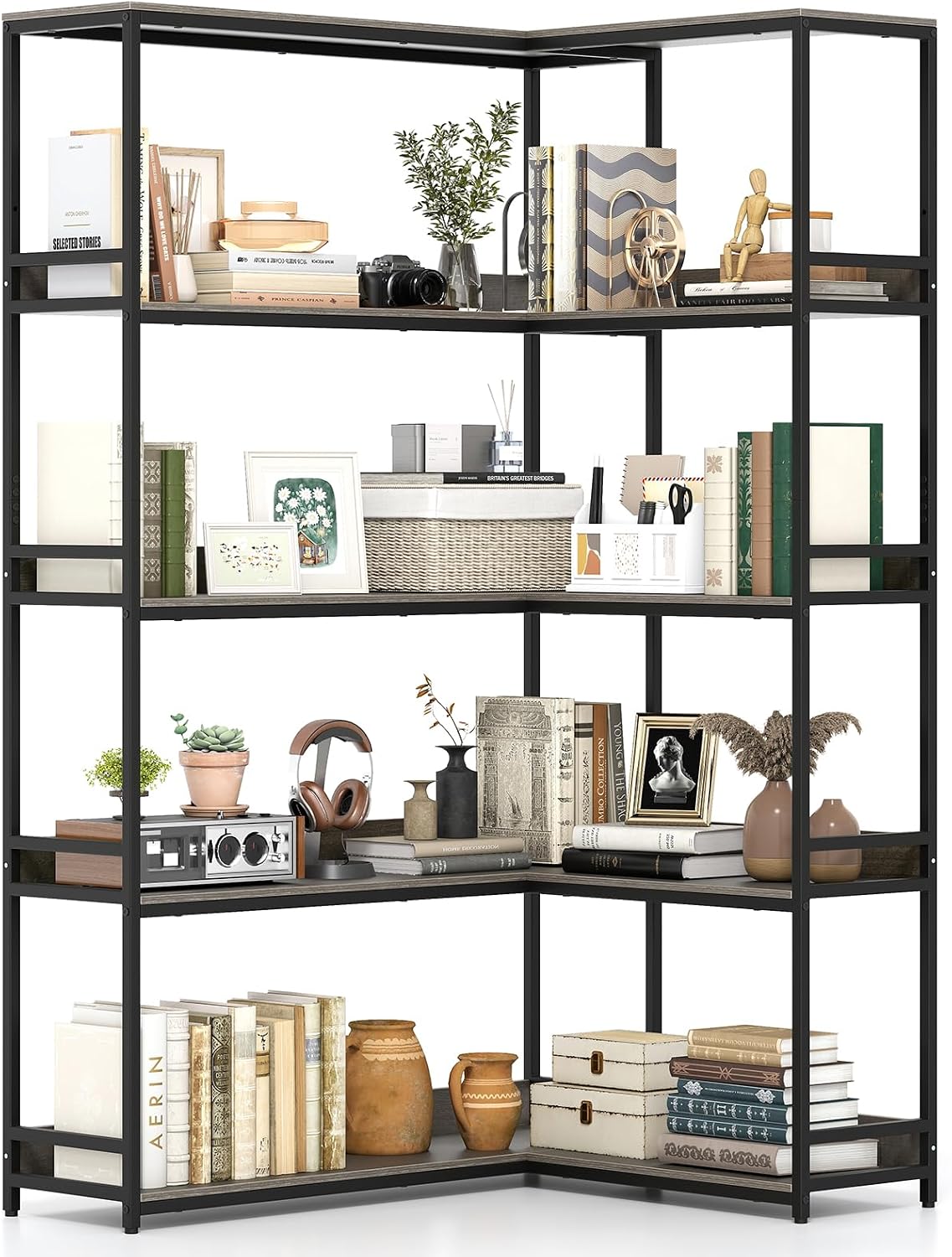 Tangkula Large Corner Bookshelf, 90 Degrees 5-Tier Industrial Wood Open Corner Bookcase for Small Spaces, Heavy-Duty Metal Frame, 71'H L-Shaped Storage Display Rack for Living Room (Oak)