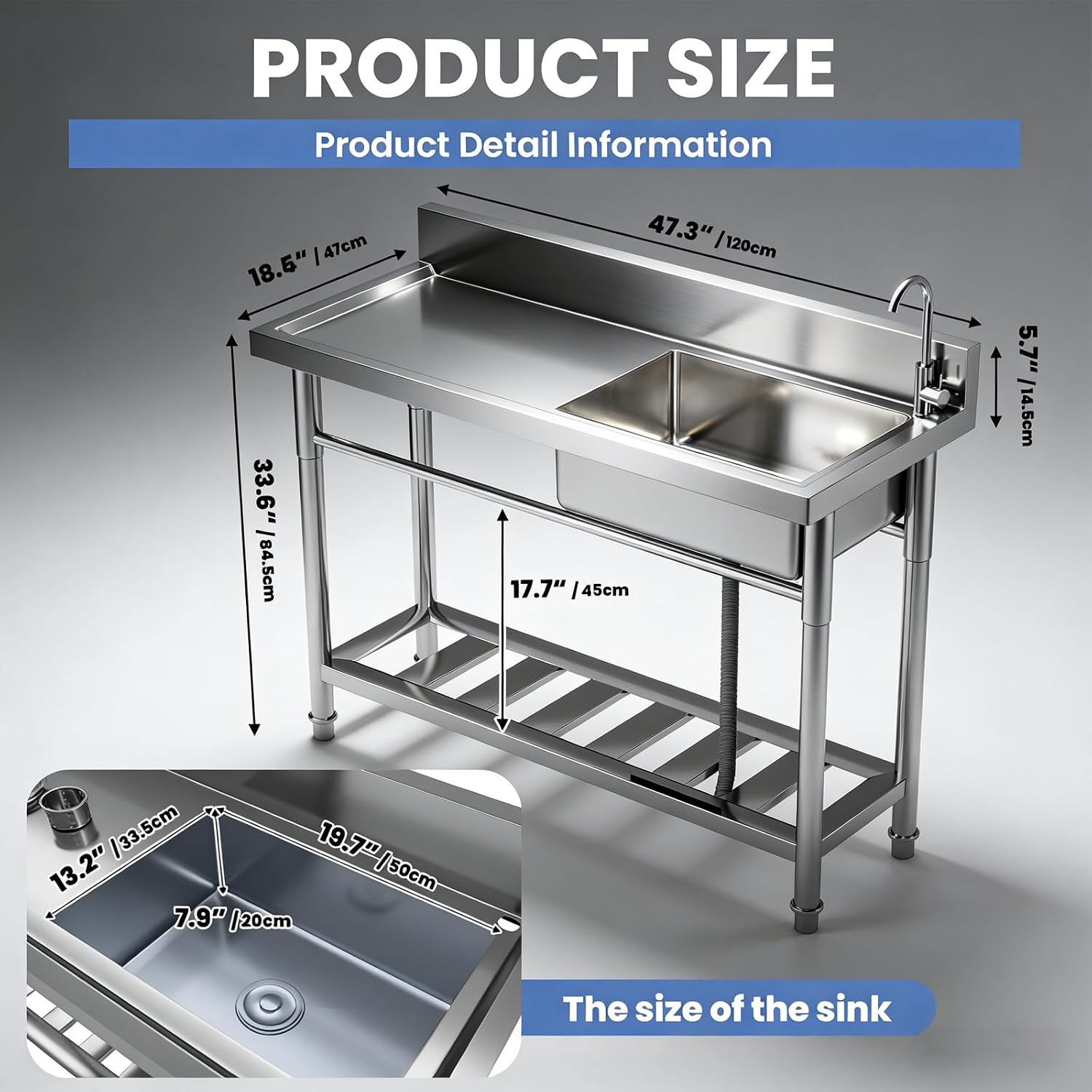 Stainless Steel Utility Sink, 47.3'x18.5'x37'Free Standing Single Bowl Commercial Kitchen Sink with Faucet, NSF - Basin Workbench with Hot & Cold Water Pipe for Garage Restaurant Laundry
