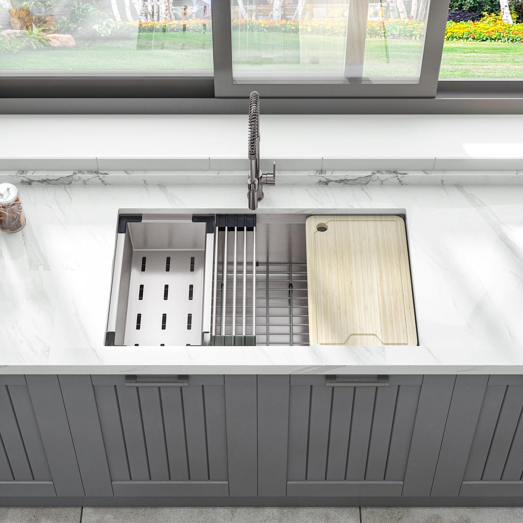 Sinber KSS0001S-OK 32' x 19' x 10' Undermount Single Bowl Workstation Kitchen Sink with 16 Gauge 304 Stainless Steel Satin Finish 6 Accessories
