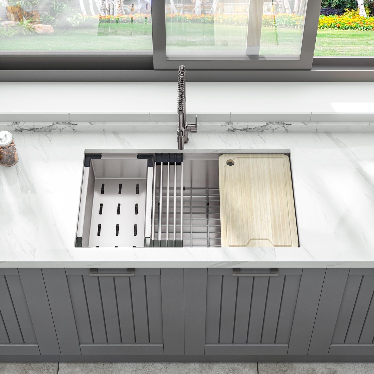 Sinber KSS0001S-OK 32' x 19' x 10' Undermount Single Bowl Workstation Kitchen Sink with 16 Gauge 304 Stainless Steel Satin Finish 6 Accessories