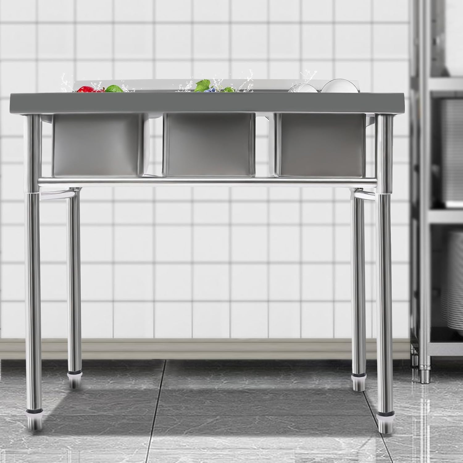 Commercial Utility Sink Stainless Steel 3 Compartment Kitchen Sink with Cold and Hot Water Pipe Freestanding Utility Sinks for Restaurant, Coffee Shop, Bar, Food Truck, 39×18×35.8 inch