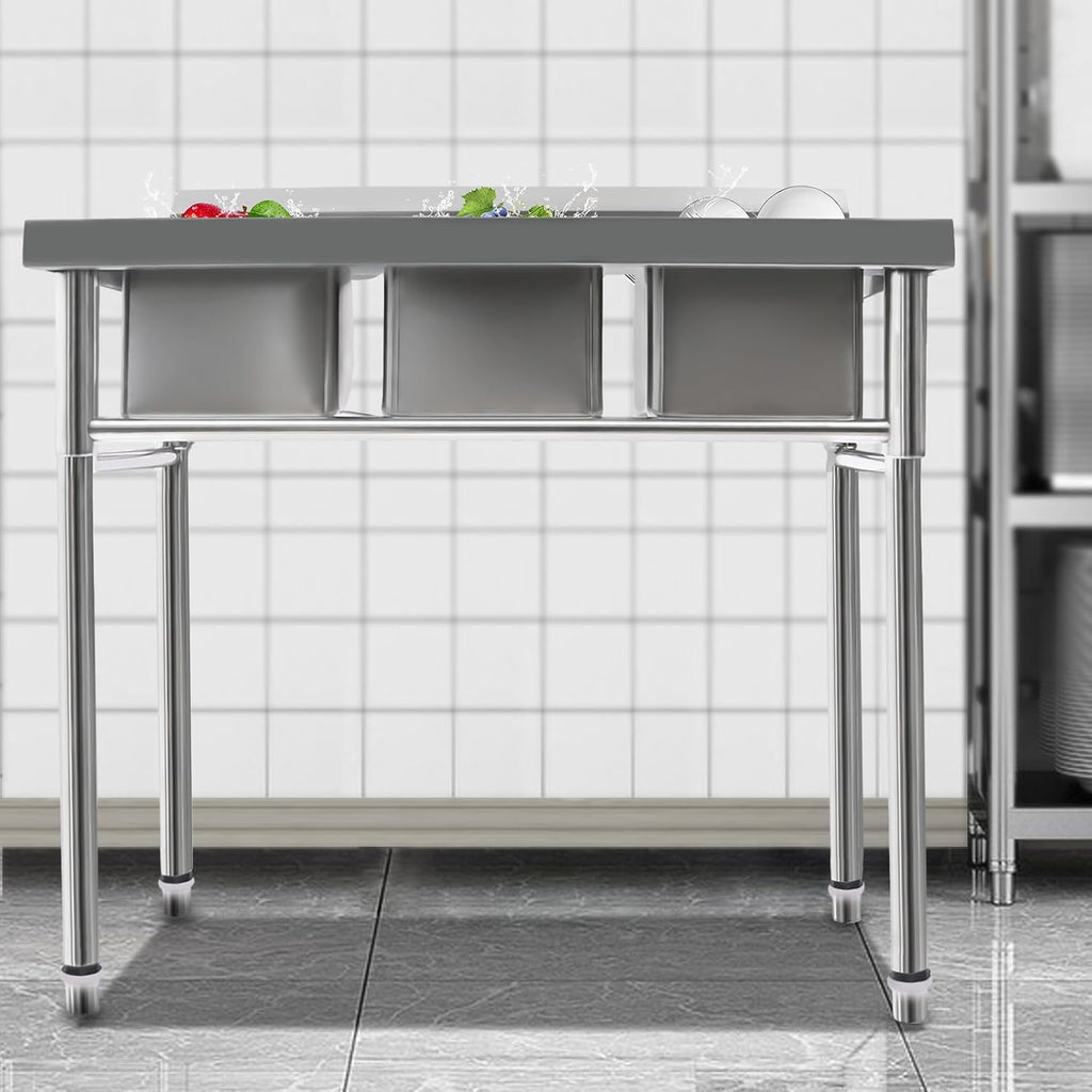 3 Compartment Commercial Stainless Steel Utility Sink Free Standing Sink Kitchen Sink with 3 Drains, 39x17.7x37.4' (3 Bowl)