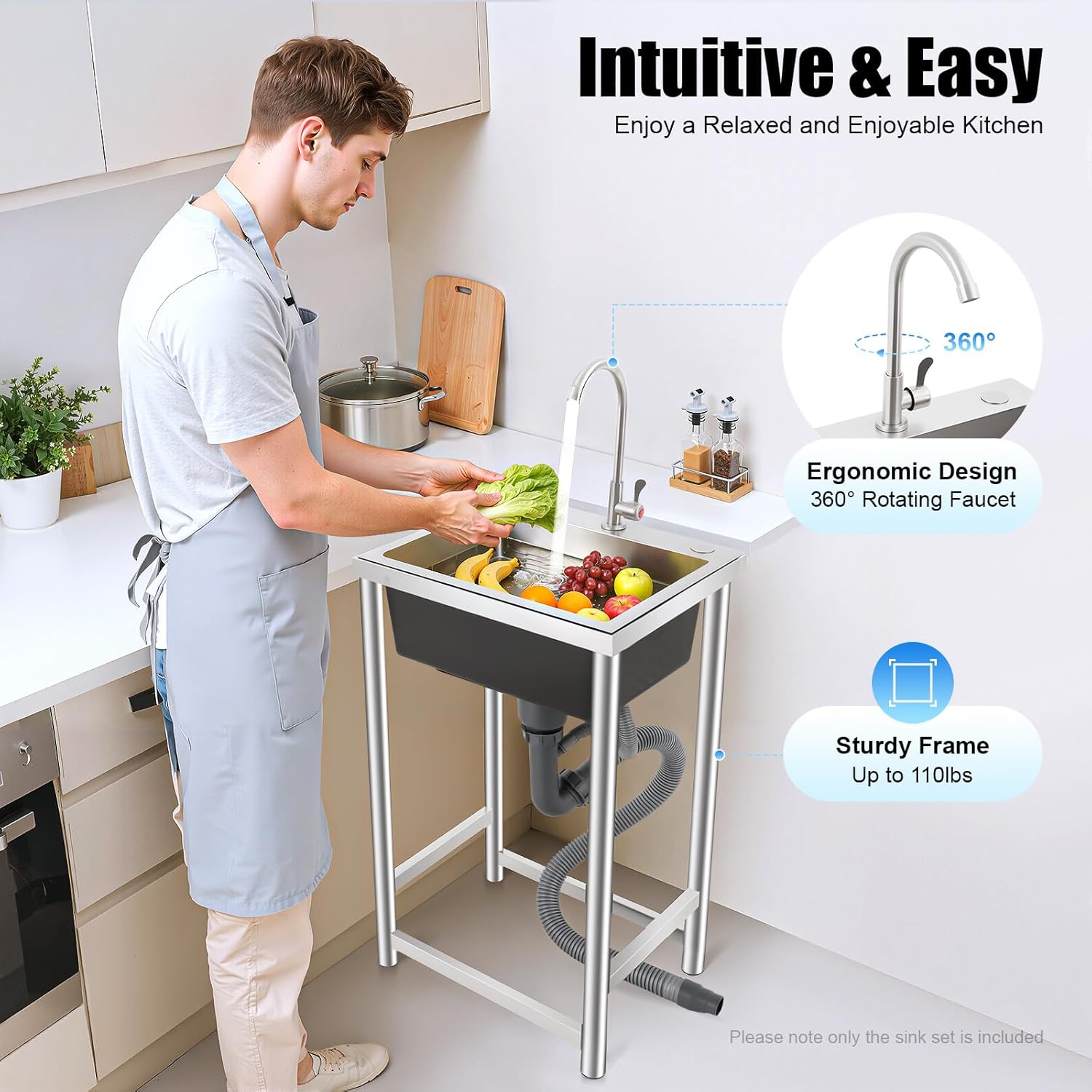 Utility Sinks Commercial Stainless Steel Sink Freestanding Triple Bowl Kitchen with 2 Cold and Hot Water Faucets Hoses Drain Kit Indoor Outdoor for Kitchens Garage Laundry Room