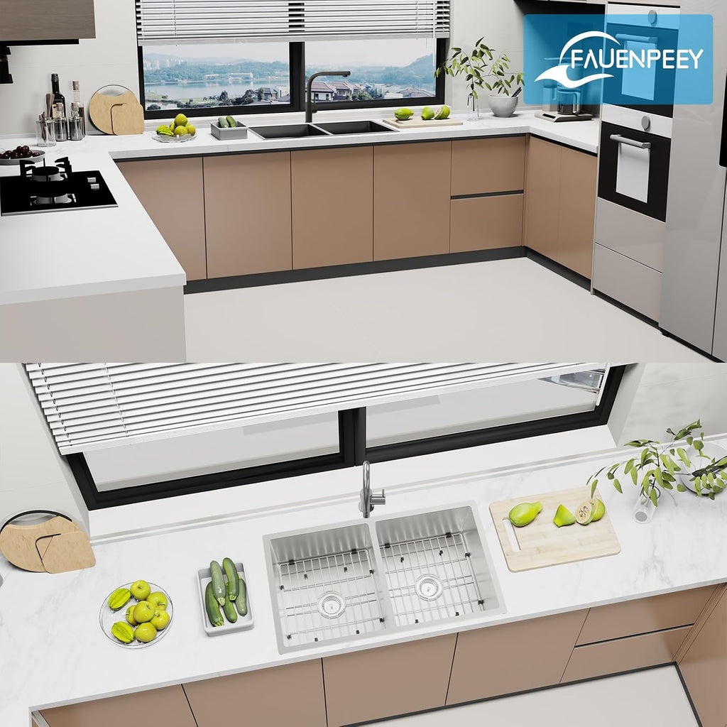 Kitchen Sink, 50/50 Double Bowl 33x19x8 Inch Undermount Stainless Steel Drop In Large Kitchen Sink Combo-Stainless Grid, Silicon Mat, Installation Clips For Modern SS Stylish Kitchen&Bar